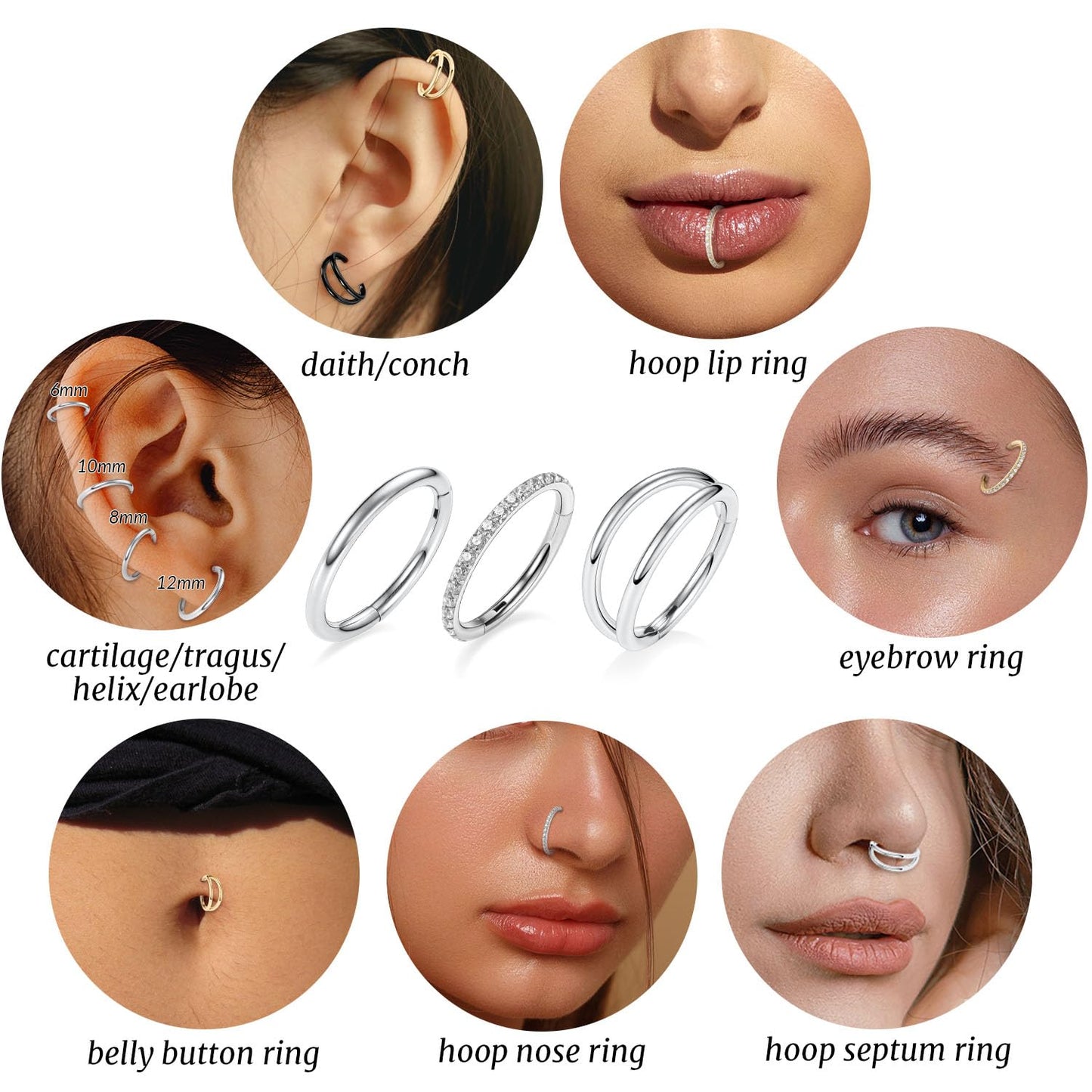 GAGABODY Septum Jewelry - Seamless Double Hoop Conch Piercing 18 Gauge Nose Ring 18g Cartilage Earring with CZ Lip Rings 8mm Nose Hoop Surgical Steel Helix Earrings Silver
