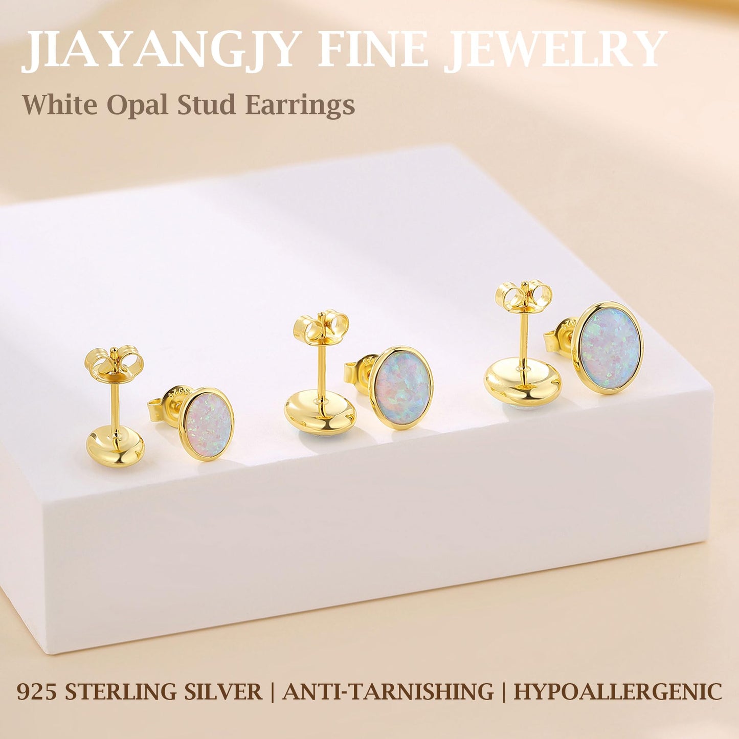 JiayangJY White Fire Opal Stud Earrings for Women 18K Yellow Gold Plated Sterling Silver Oval Shape 7mm Opal Earrings with Push Back