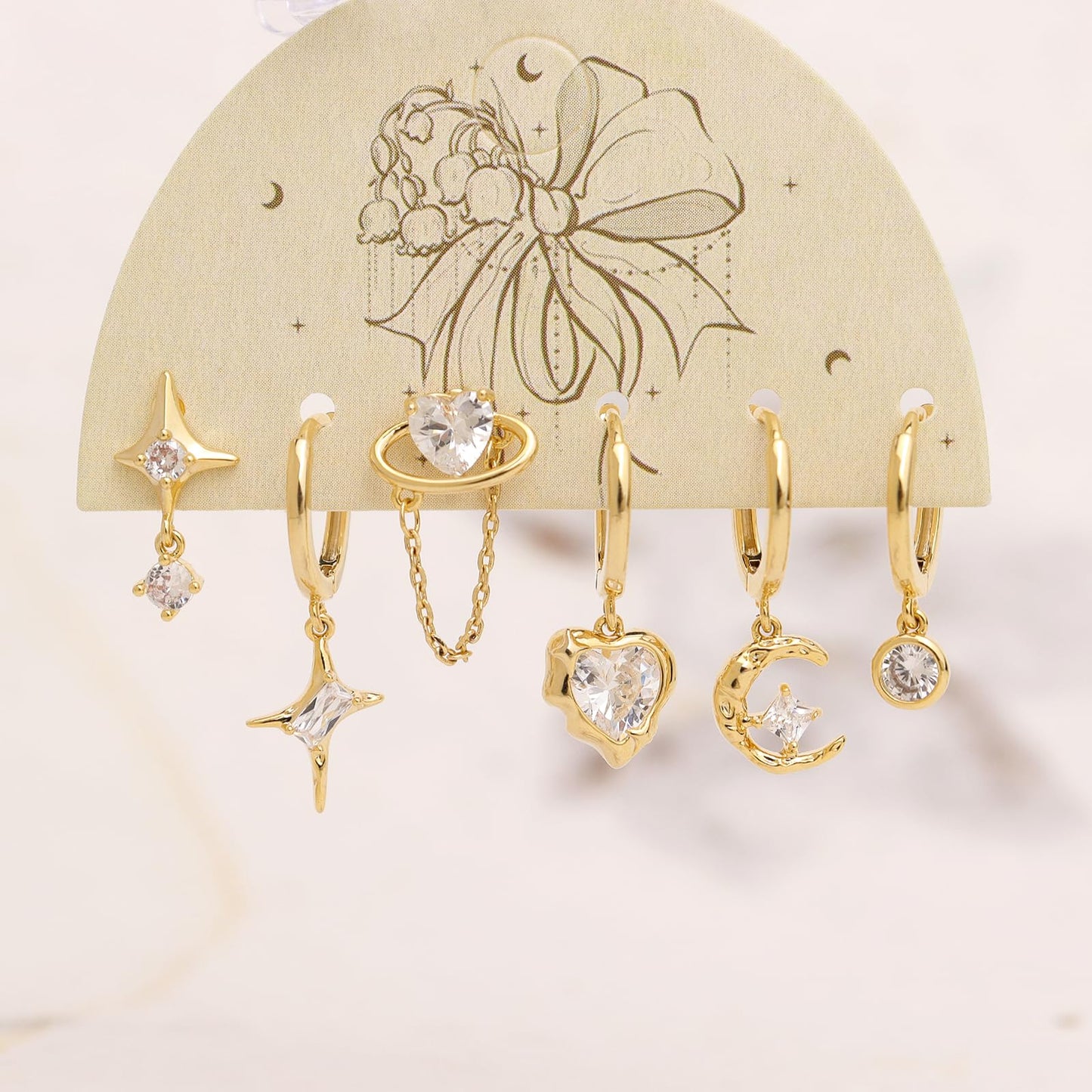 Frigotine 3PCS Gold Heart Hoop Stud Earrings Stack Set for Women, Dainty Rhinestone Star Moon Planet Chain Love Multiple Piercing Cartilage Prom Fashion Jewelry Gift