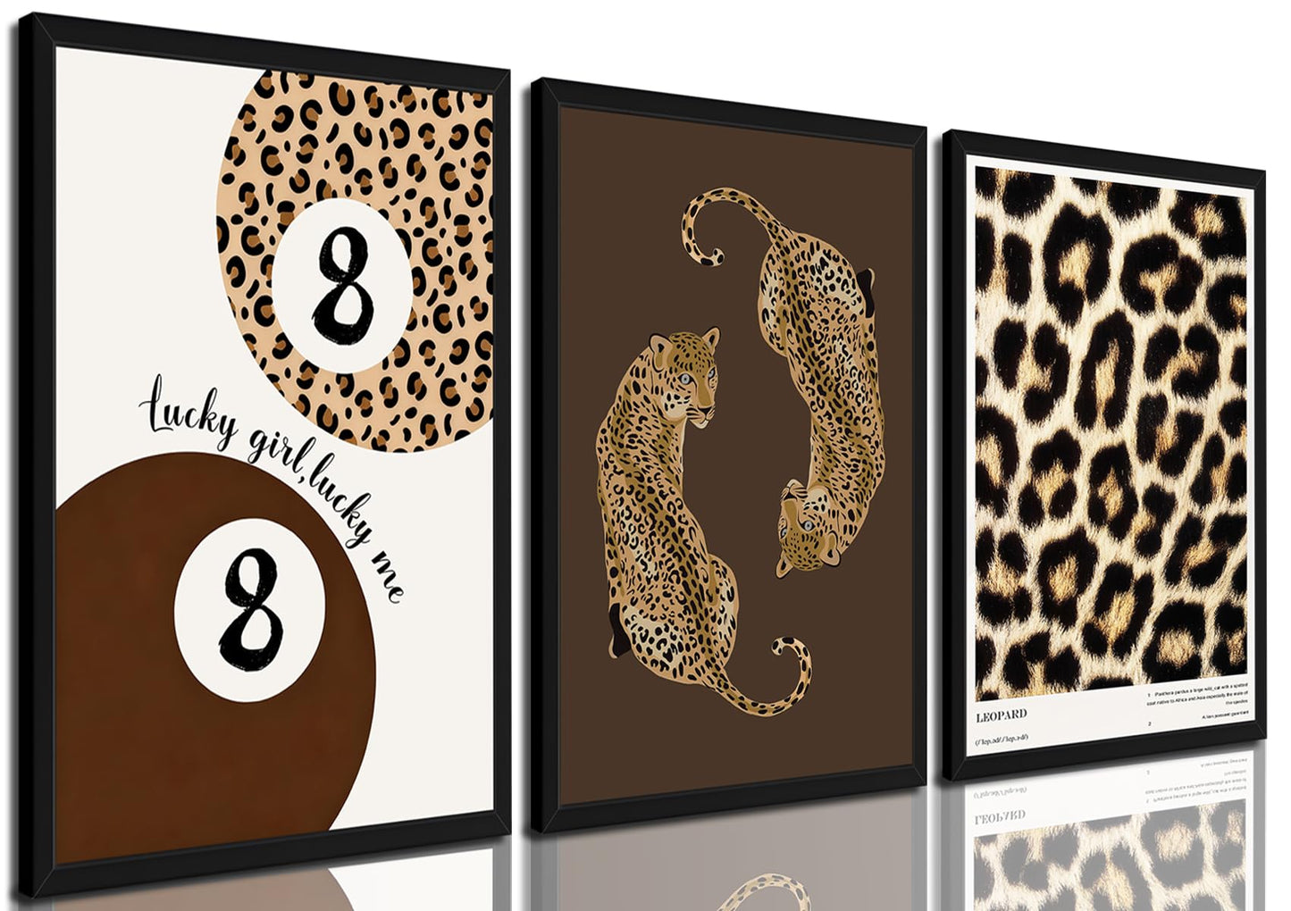 Framed Leopard Wall Art Set of 3, Preppy Cheetah and Lucky 8 Ball Canvas Prints, Trendy Y2K Girly Wall Decor for Teen Girls Bedroom, Bathroom, Dorm, Living Room, 12x16 Inch