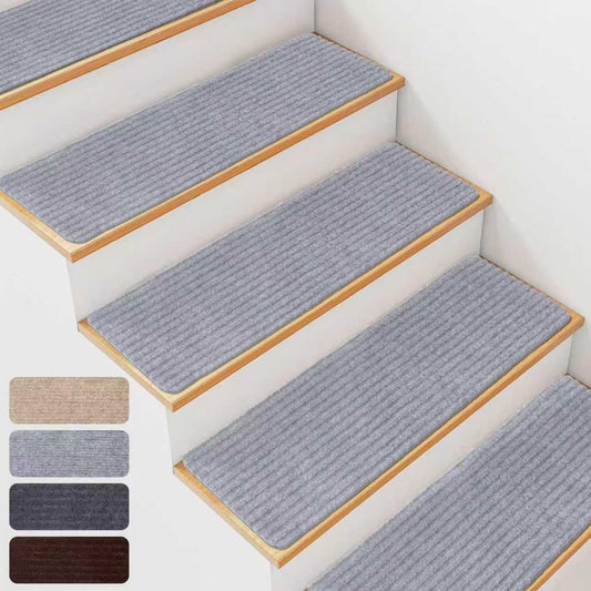 15 PCS Non Slip Stair Treads for Wooden Steps – 8"x30" Indoor Non Slip Stair Treads, Carpet Stair Mats with Self-Adhesive Backing, Removable & Machine Washable – Light Grey