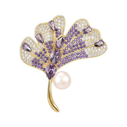 AILONMEI Brooches Jewelry for Women Fashion, Elegant Designer Costume Corsage Pearl Brooches & Pins Christmas Gift (Purple Ginkgo Leaf)