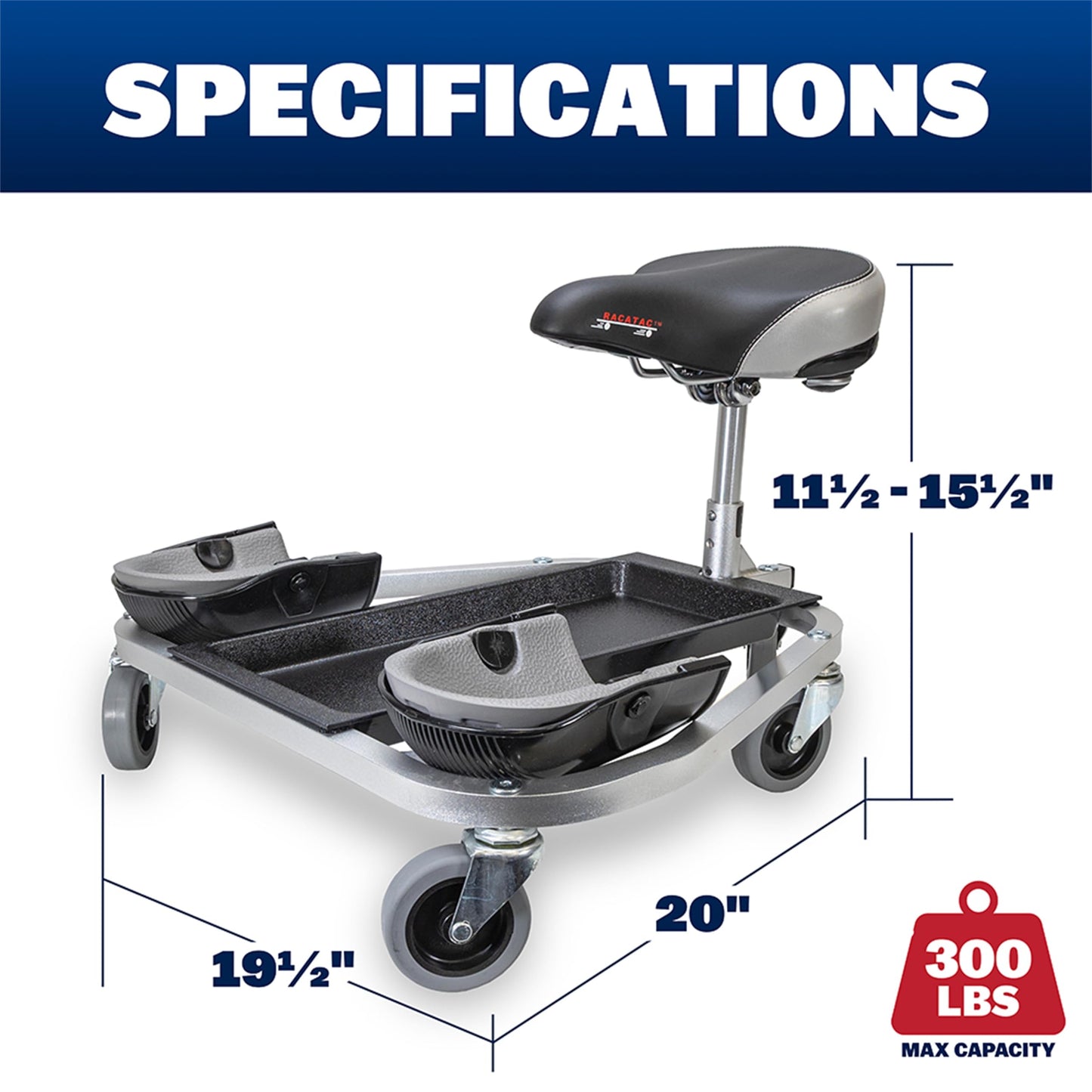 RACATAC Kneeling Sitting Creeper, 2 Inch Casters, Knee Pads, Adjustable Seat, Made in The USA, 01RAC