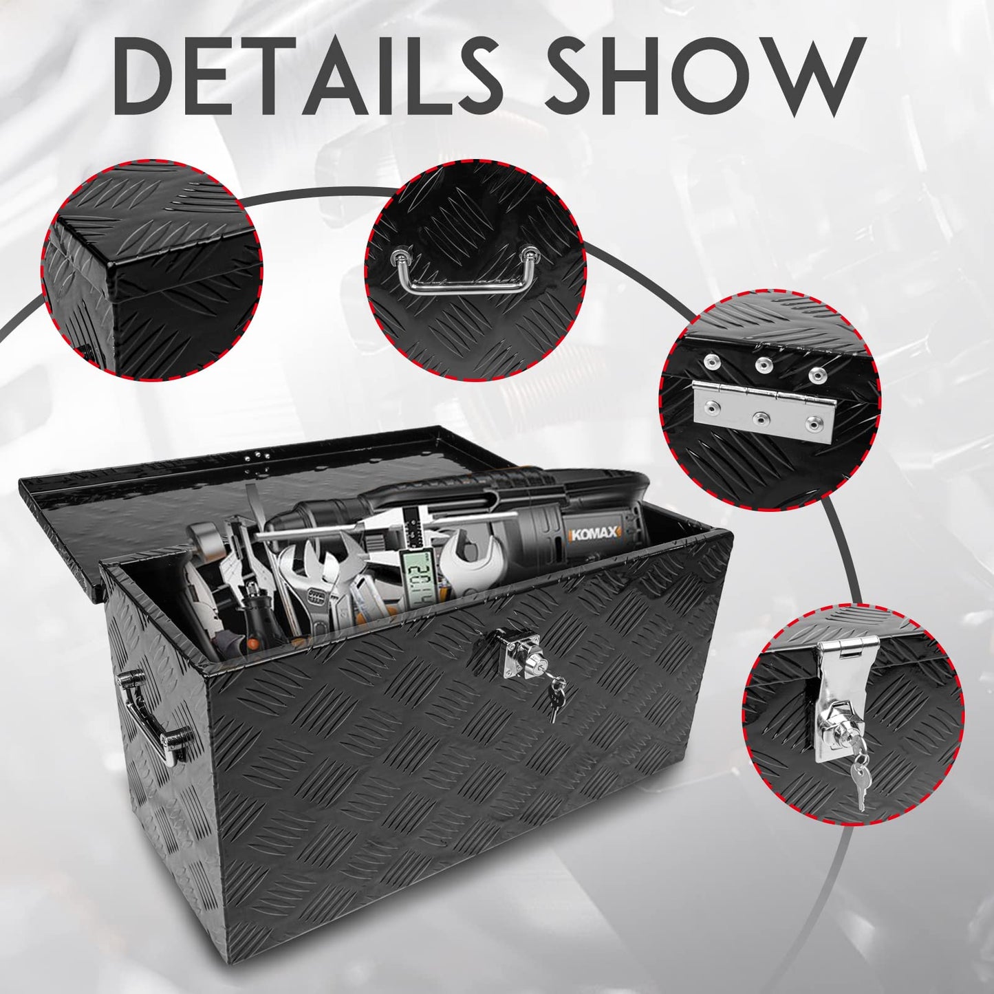 Edicapo 24 Inch Tool Box Flatbox Truck Bed Toolbox,RV Storage Organizer,Truck Tools Chest Box With Side Handle & Lock Key Compatible with Trailer Pickup,Black Aluminum 5 BarTread ToolBox(24"x10"x11")