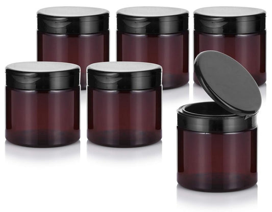 16 oz Amber PET Plastic Refillable Jar with Black Flip Top (6 Pack)