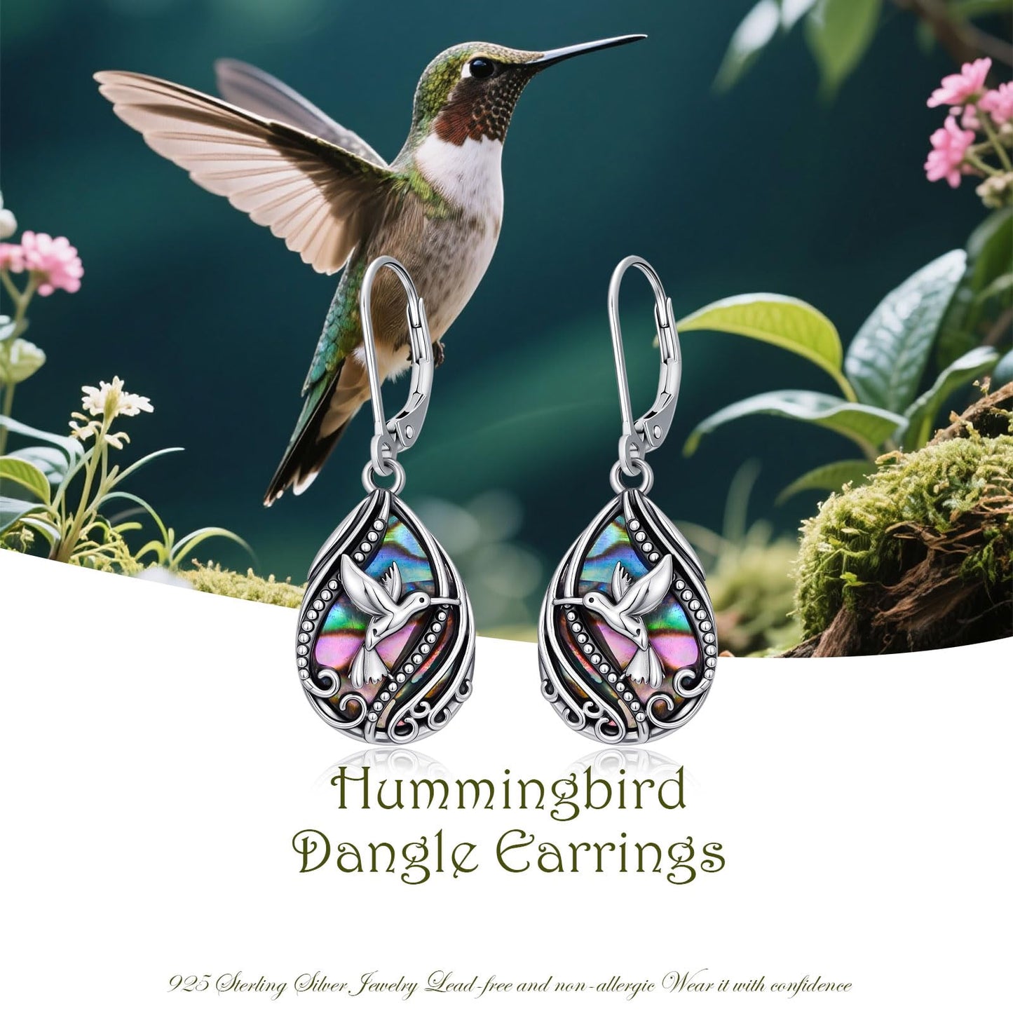 YYmqmq Abalone Hummingbird Earrings for Women 925 Sterling Sliver Humming Bird Dangle Drop Earrings Leverback Hummingbird Jewelry Gifts for Women Girlfriend Mom Birthday Gifts