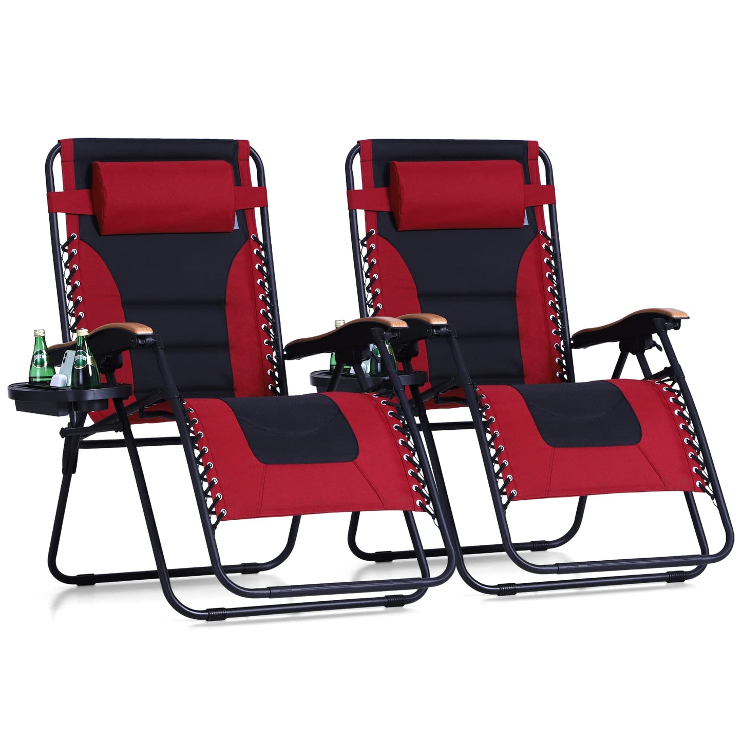 Sophia & William Oversized XXL Zero Gravity Chair Set of 2, Padded Adjustable Folding Reclining Lounge Chair Outdoor Gravity Chair with Wide Armrest and Cup Holder, Support 400 LBS, Red