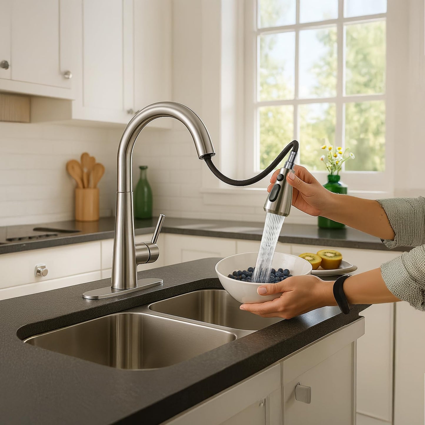 PureTap High Arc Pull Out Kitchen Faucet, Brushed Nickel Faucet, 1 or 3 Holes Kitchen Sink Bar Faucets with Pull Down Sprayer