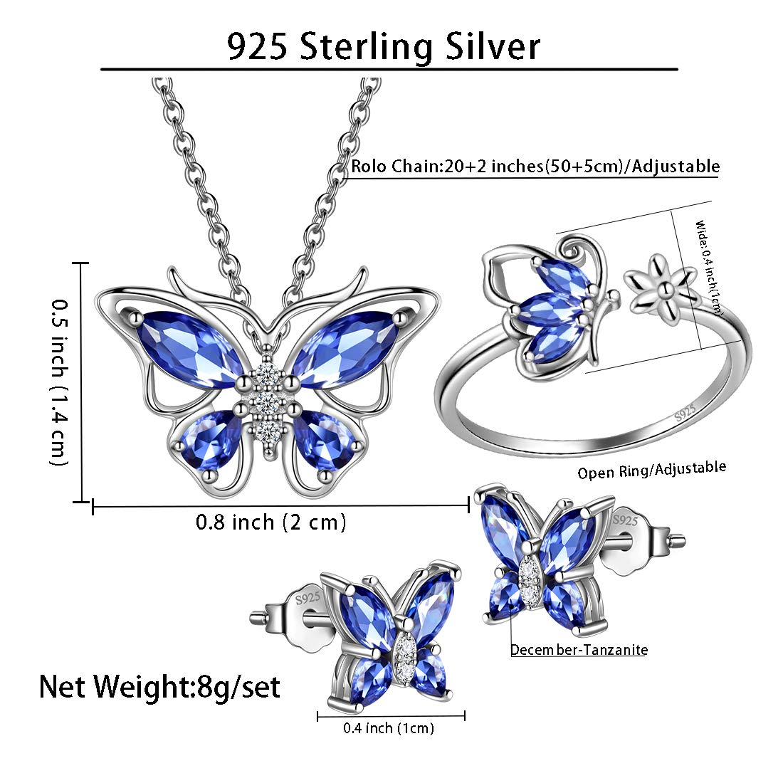 Hipunk Butterfly Purple Jewelry Sets Birthstone Women 925 Sterling Silver December-Tanzanite Birth Stone Animal Butterflies Jewelry Sets/Earring/Ring Set Crystal Birthday Jewelry SS0002D