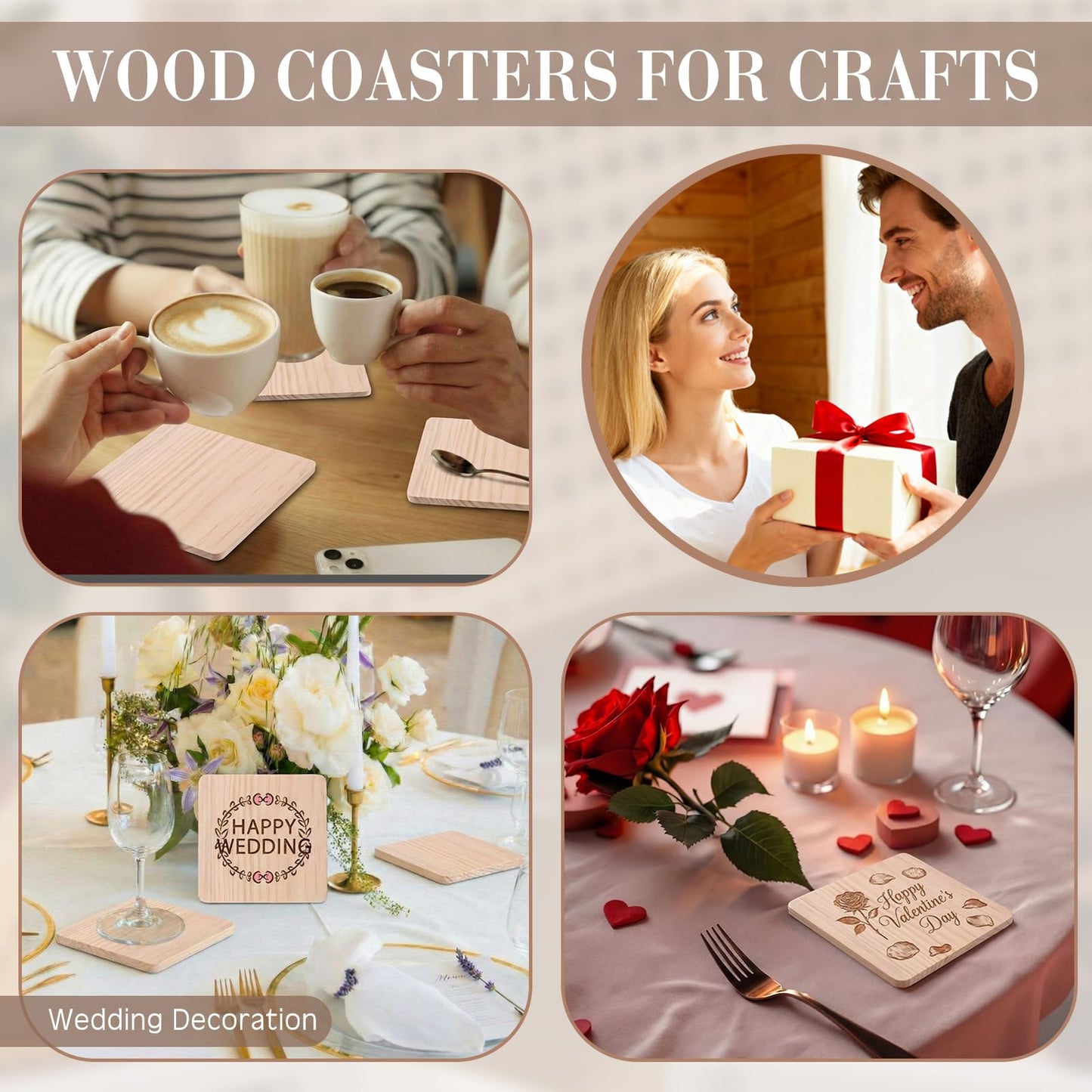 Acellegic 110 Pcs Unfinished Wood Coasters Bulk for Crafts, 4 Inch Blank Square Pine Wood Slices for Crafts with Non-Slip Dots for DIY Stained Painted Engraving Wedding Valentine Home Decoration