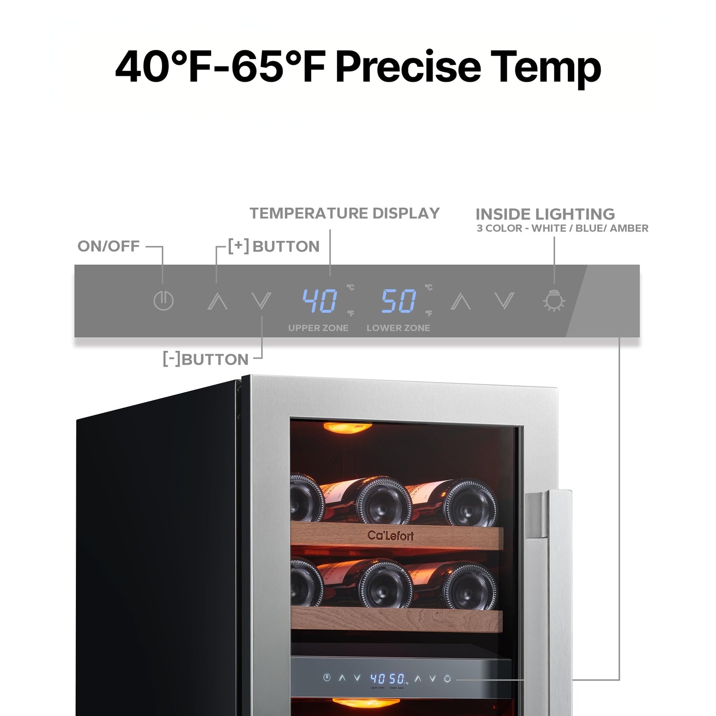 Ca'Lefort 15 Inch Wine Fridge - 28 Bottles Dual Zone Wine Cooler with Glass Door, 40-65° Temp Control, Adjustable Shelf & 3 LED Light Built-in or Freestanding for Home Bar Kitchen Left-Hinged Door