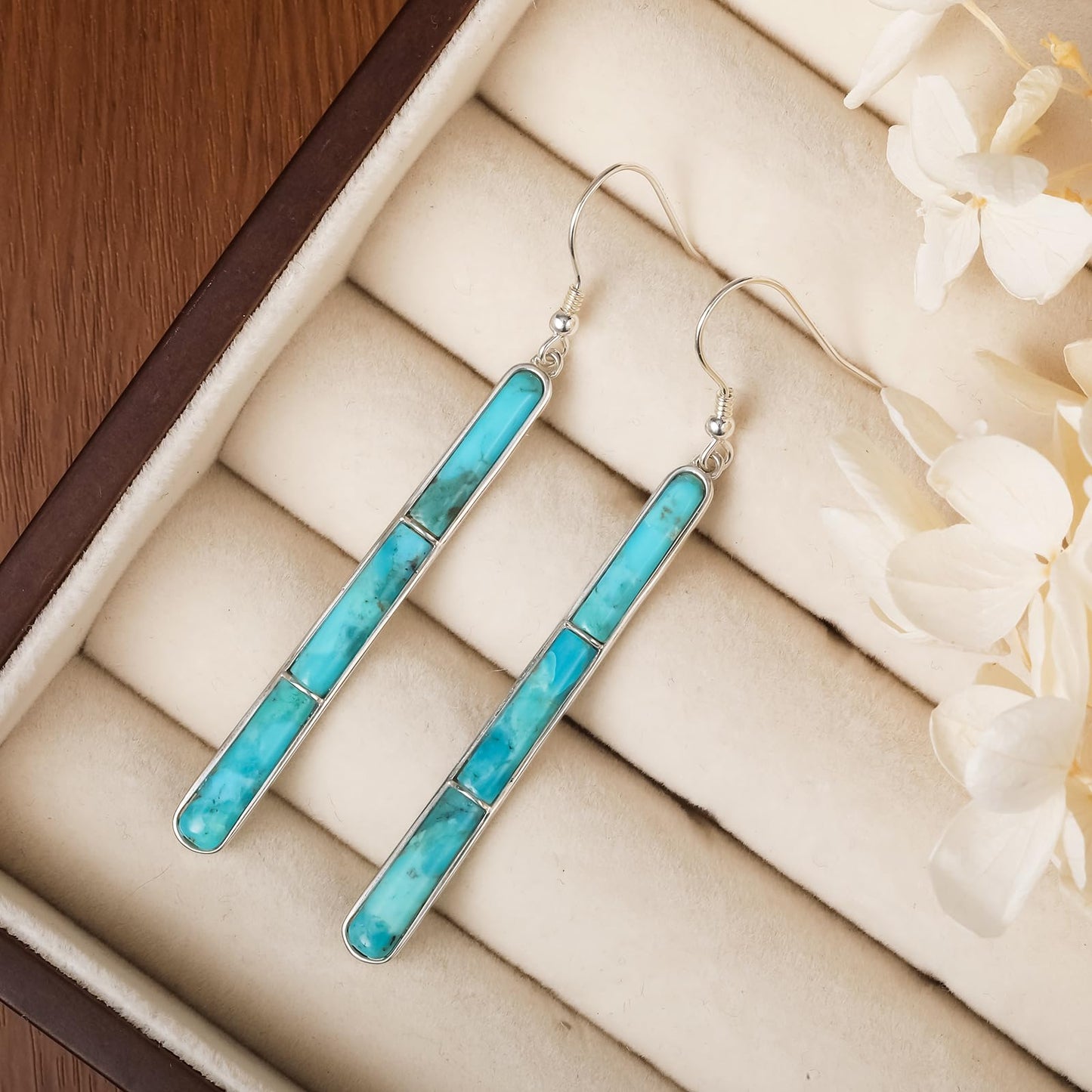 Phyonio Turquoise Earrings for Women 925 Sterling Silver Gemstones Dangle Earrings Bohemian Style Statement Bar Earrings Dangle Earrings for Women Earrings Valentines Gifts