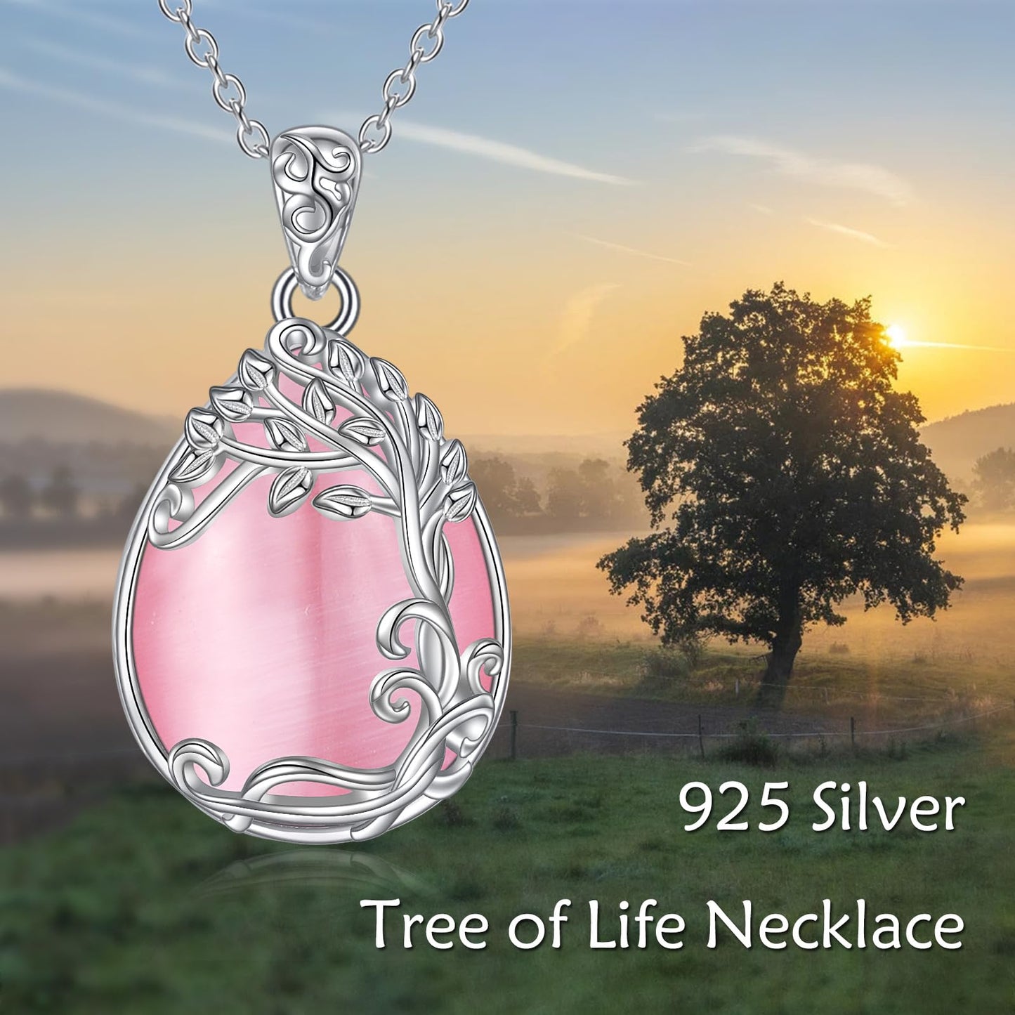 YAFEINI Tree of Life Necklace 925 Sterling Silver Pink Natural Stone Necklace Pendant Jewelry for Women (PP-Tree of Life Pink Opal Necklace)