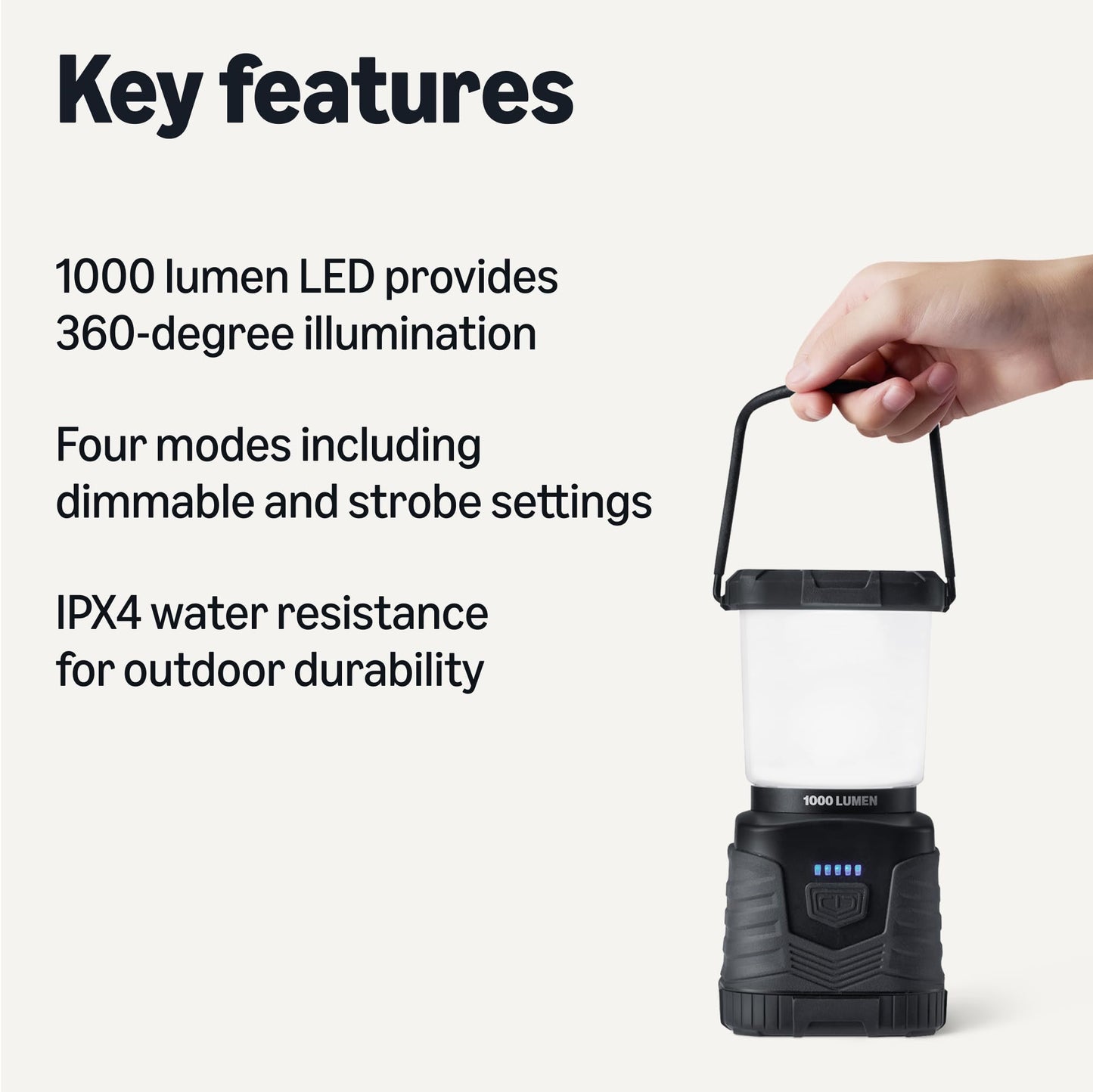 Amazon Basics Camping Essentials Lantern, 360-Degree 1000 Lumen LED, Adjustable Dimmable with 4 Lighting Modes, Water Resistant IPX4, Black (Batteries Not Included)