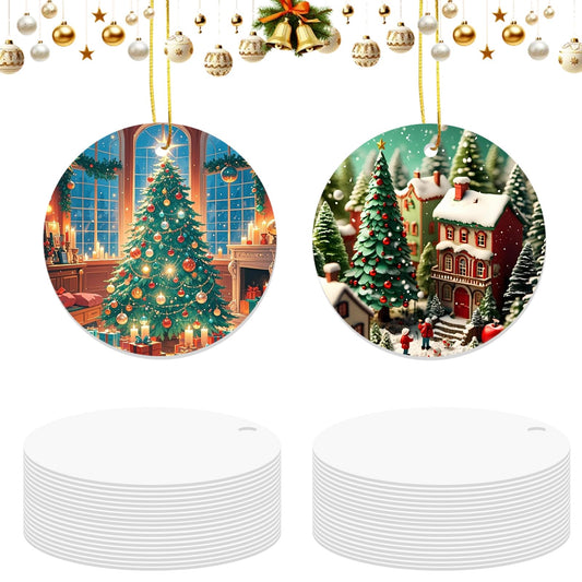 AceSubli 36 Pcs Metal Sublimation Ornament Blanks Bulk Double Sided, Aluminum Sublimation Christmas Ornament Blanks, Round Christmas Sublimation Blanks with Strings for Gifts Christmas Tree Home Decor