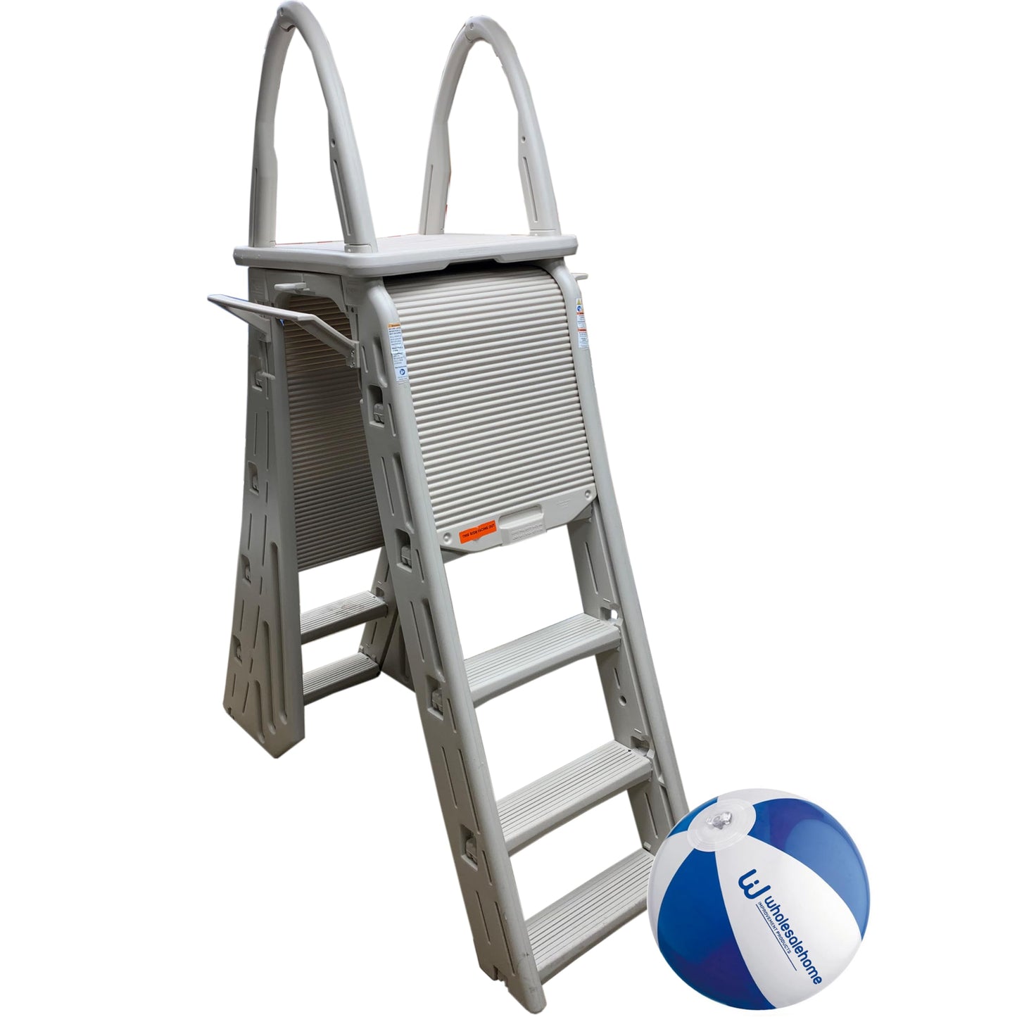 Confer Plastics 7200 Above Ground Pool Ladder Adjustable 48" to 56" Roll-Guard A-Frame Safety Ladder, Swimming Pool Ladder with Wholesalehome Beach Ball