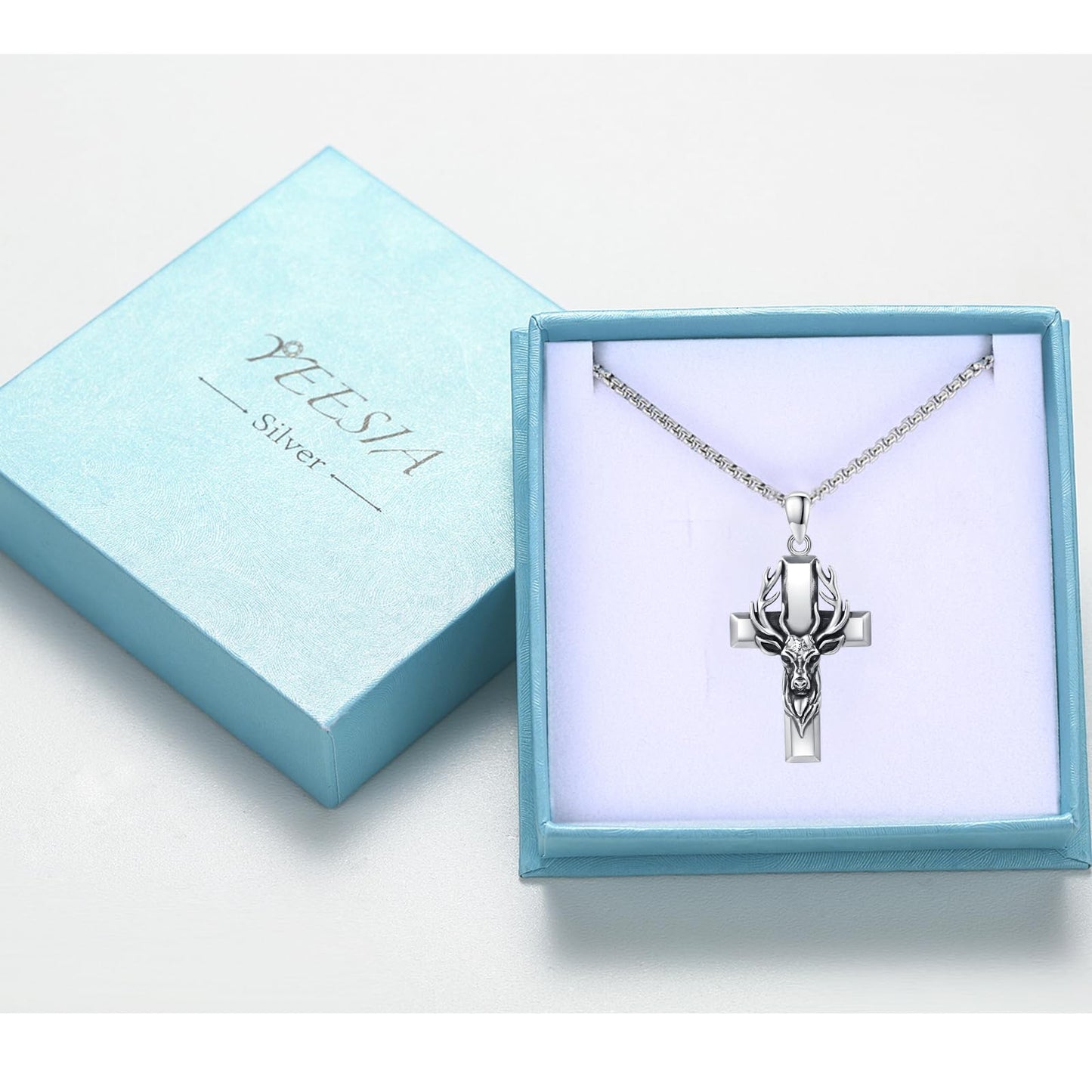 YEESIA Cross Necklace for Men Women, 925 Sterling Silver, Deer Cross Pendant Necklace, Christian Jewelry, Gift for Men Women