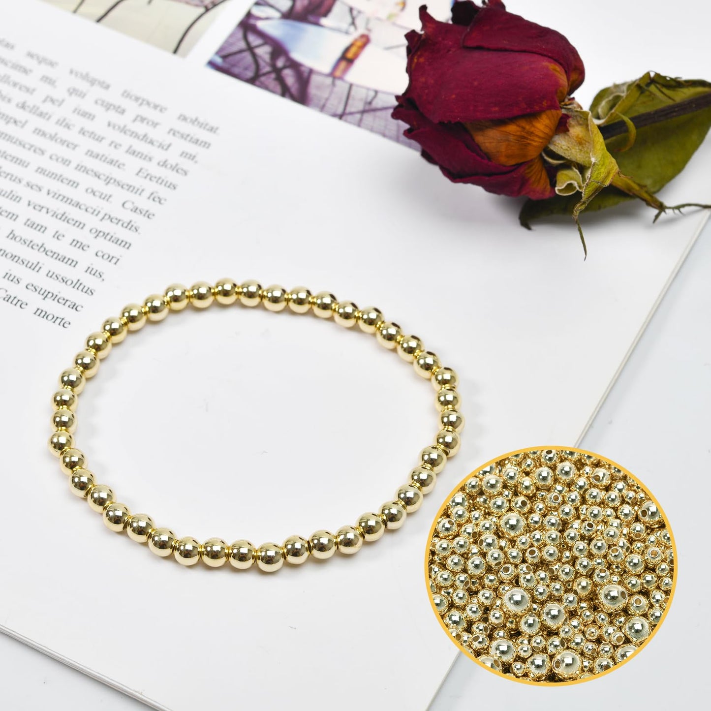 250pcs 14K Gold Filled Spacer Beads，Round Bracelet Bead,Seamless Smooth Metal Brass Bead，Lasting Round Spacer Beads for DIY Necklace Bracelet Jewelry Making (4mm)