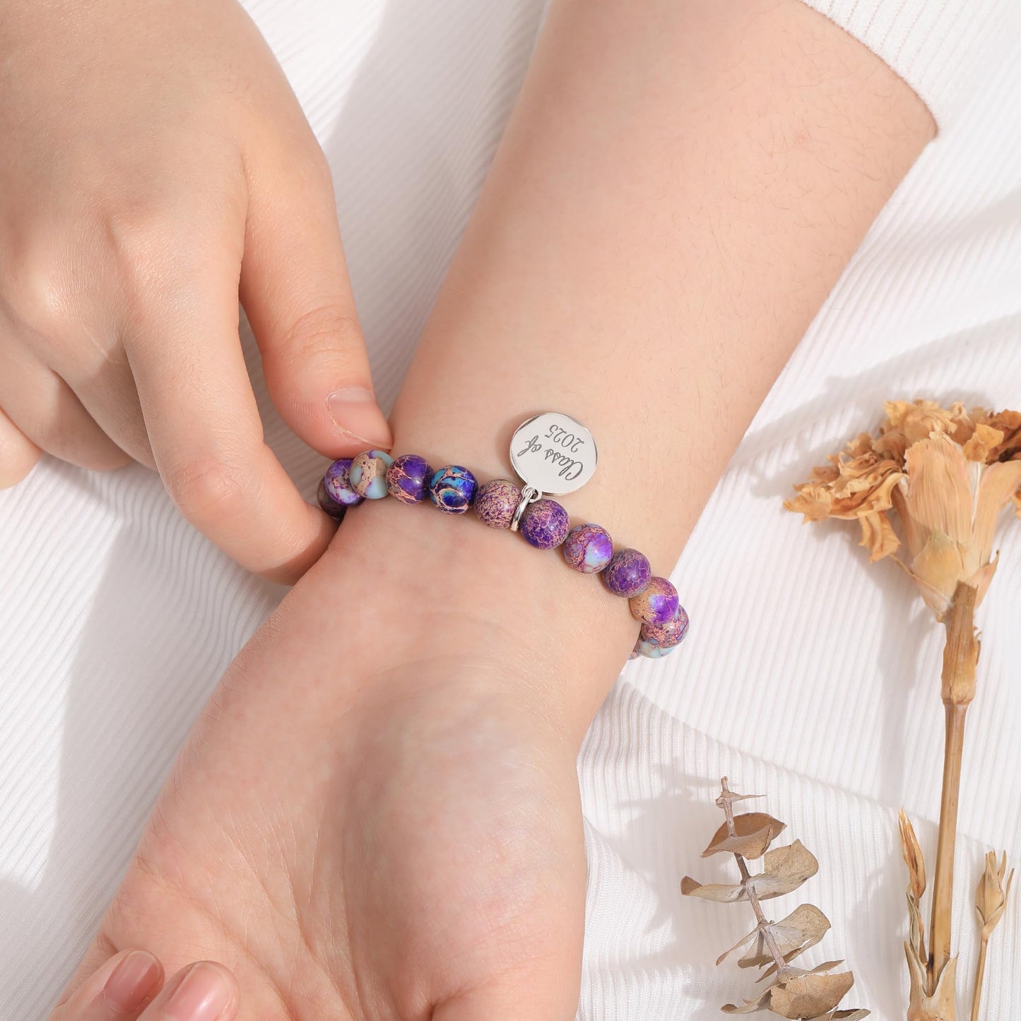 Sistble 5th Grade Graduation Gifts Trendy Graduation Bracelets 2026 Inspirational Gift Class of 2026 Engraved Round Tag Bead Bracelet Nature Stone Graduations Jewelry