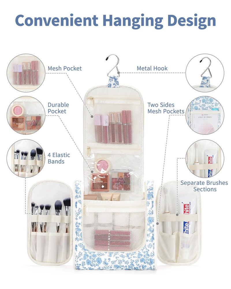 Narwey Large Hanging Toiletry Bag for Women Travel Makeup Bag Make up Organizer Toiletries Bag for Cosmetics Essentials Accessories (Large, Blue Flower)