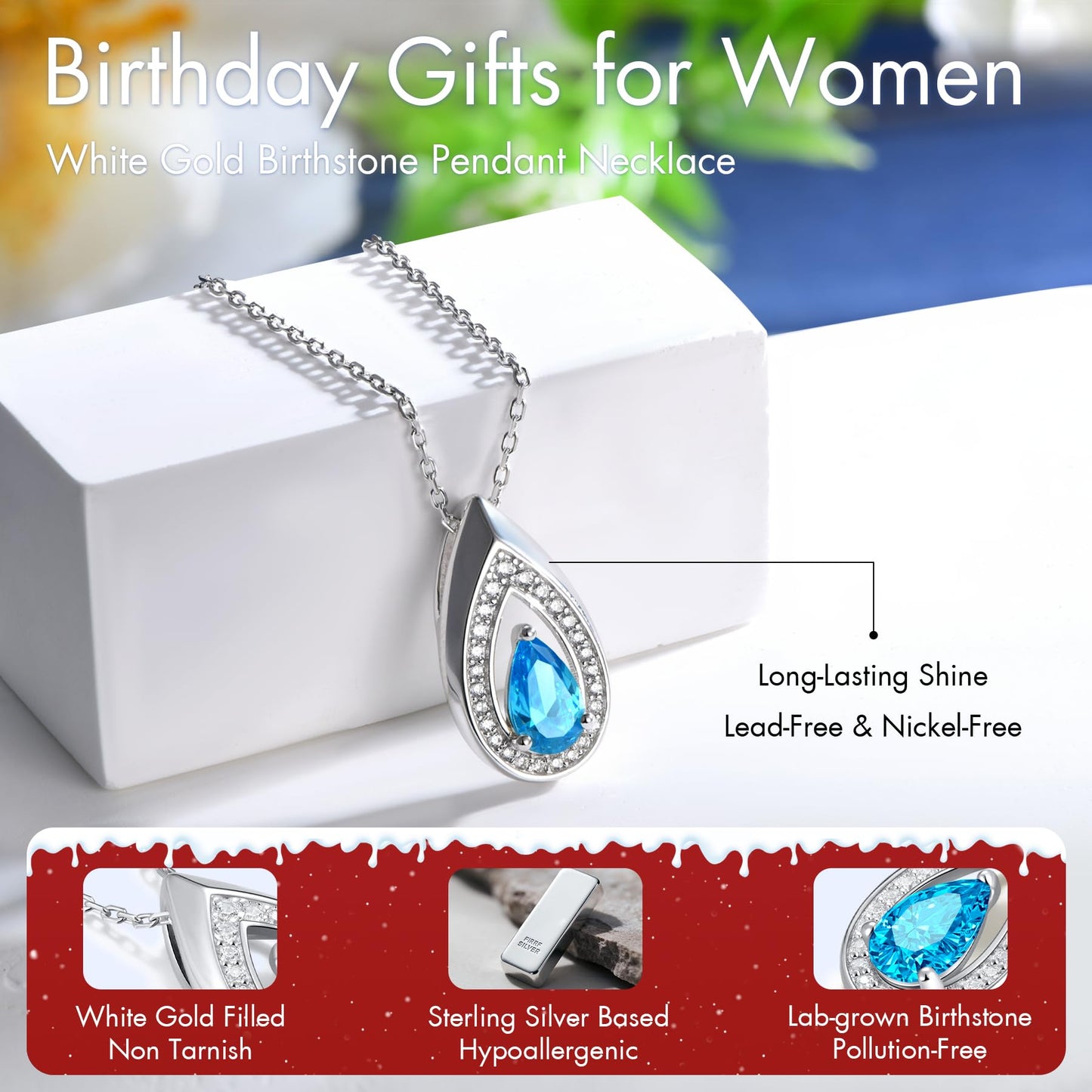 Kstyle 925 Sterling Silver Blue Topaz December Birthstone Pendant Necklace Teardrop Jewelry Valentine's Day Anniversary Birthday Gift for Daughter Wife Mom Girlfriend Her Non Tarnish