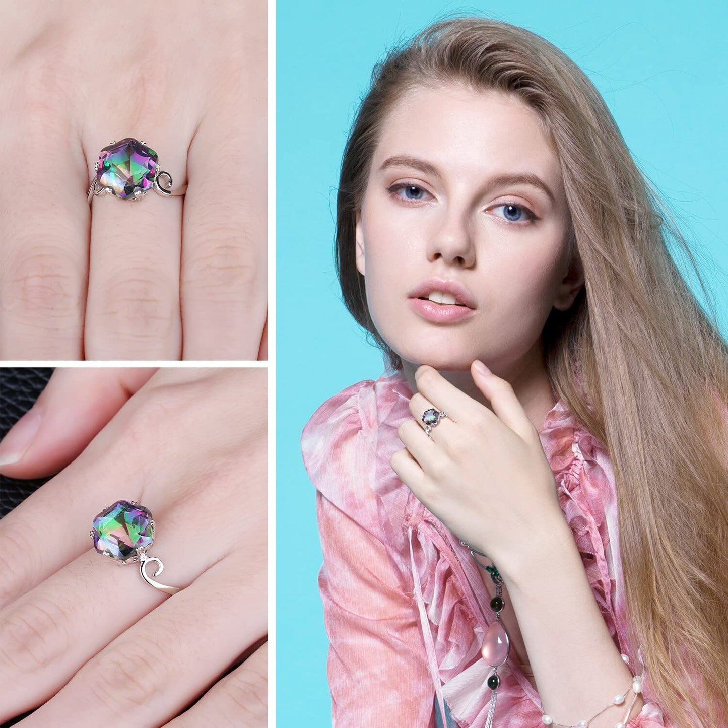 JewelryPalace Fancy Cut 5.7ct Multicolor Genuine Rainbow Quartz Cocktail Rings for Her, 14K White Gold Plated 925 Sterling Silver Ring for Women, Natural Gemstone Jewelry Rings 6