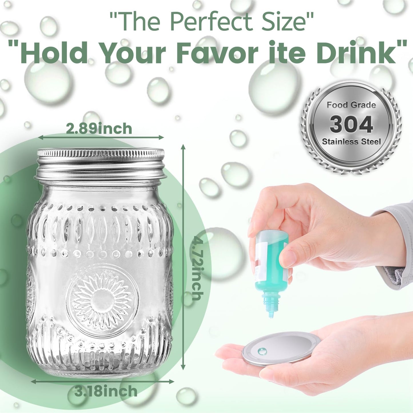 16oz Mason Jars with Airtight Rust-Proof 304 Stainless Steel Lids and Bands, 4 Pack with Elegant Sunflower Embossing, Pint Glass Jars for Meal Prep, Pickling, Overnight Oats, Dry Food & DIY Crafts