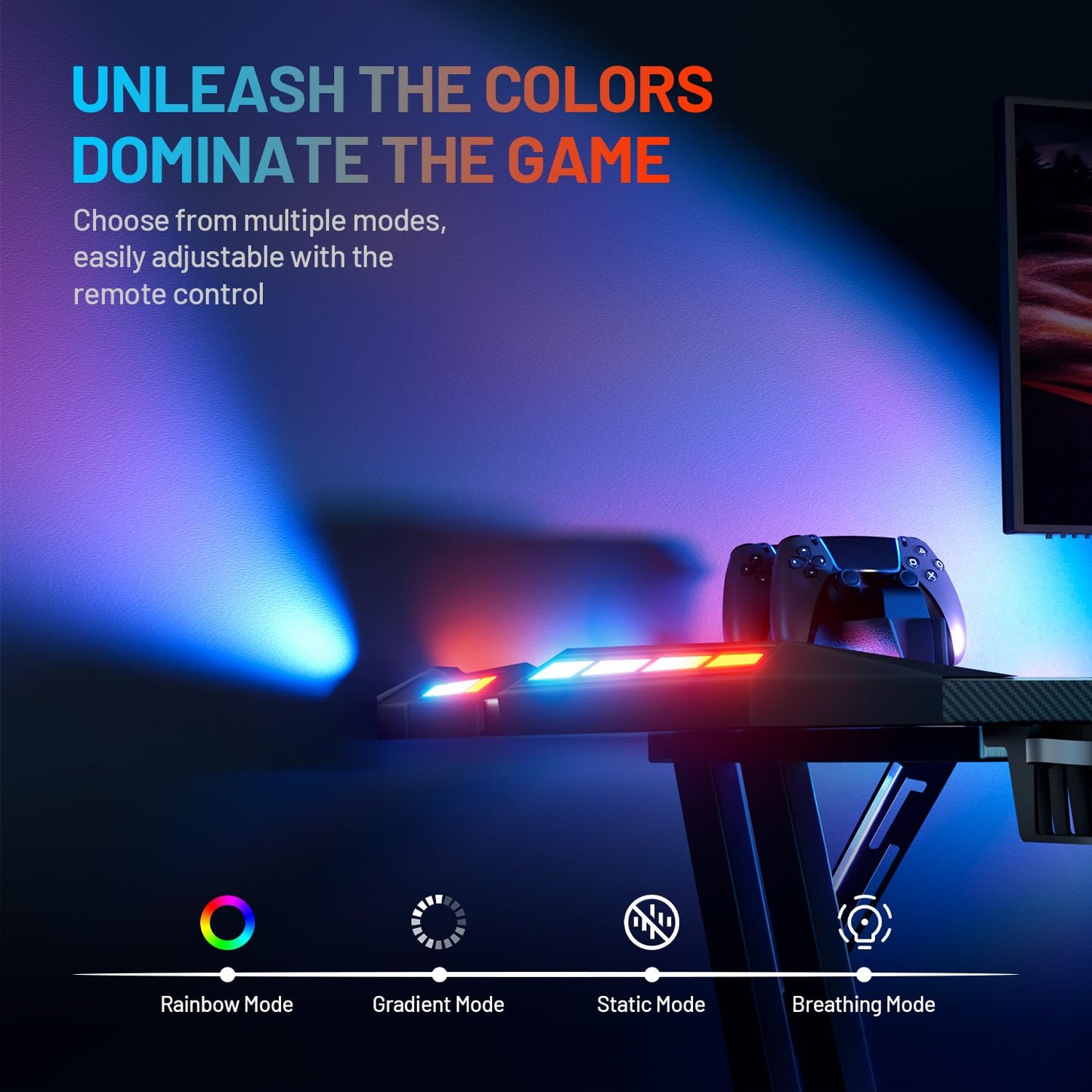 HLDIRECT 55 Inch Gaming Desk with LED Lights Carbon Fibre Surface Gaming Table Large Computer Desk Ergonomic Home Office Desks Z Shaped PC Gamer Workstations with Cup Holder & Headphone Hook Black