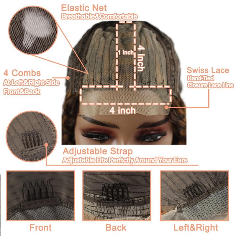 Peenoll Highlight Dark Brown Chocolate P4/30 13X6 Human Hair Lace Frontal Wig Glueless Wigs Human Hair Pre Plucked Pre Cut Lace Frontal Glueless Wigs Elastic Band 200% Density, 16 Inch