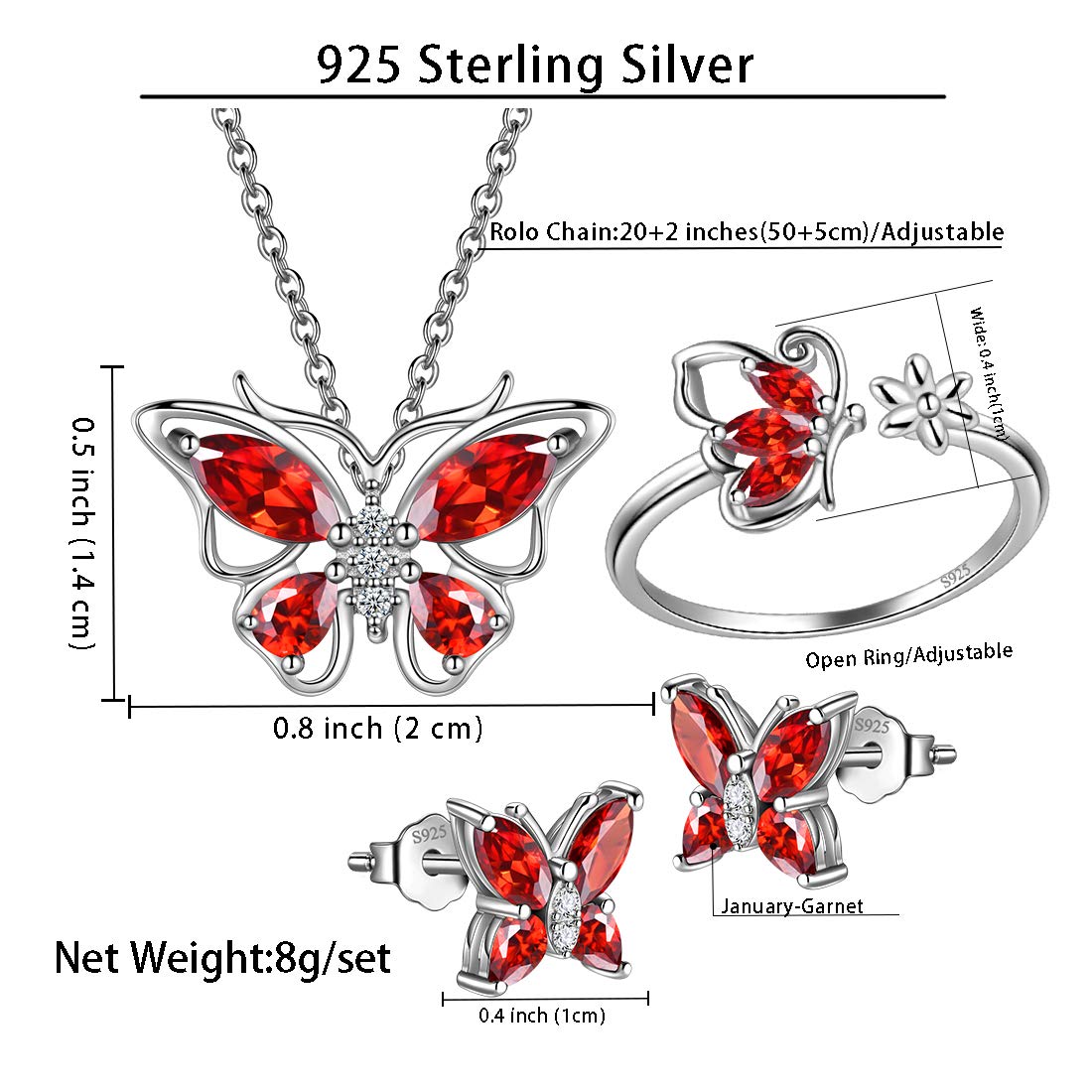 Hipunk Butterfly Red Jewelry Sets Birthstone Women 925 Sterling Silver January-Garnet Birth Stone Animal Butterflies Jewelry Sets/Earring/Ring Set Crystal Birthday Jewelry SS0002J
