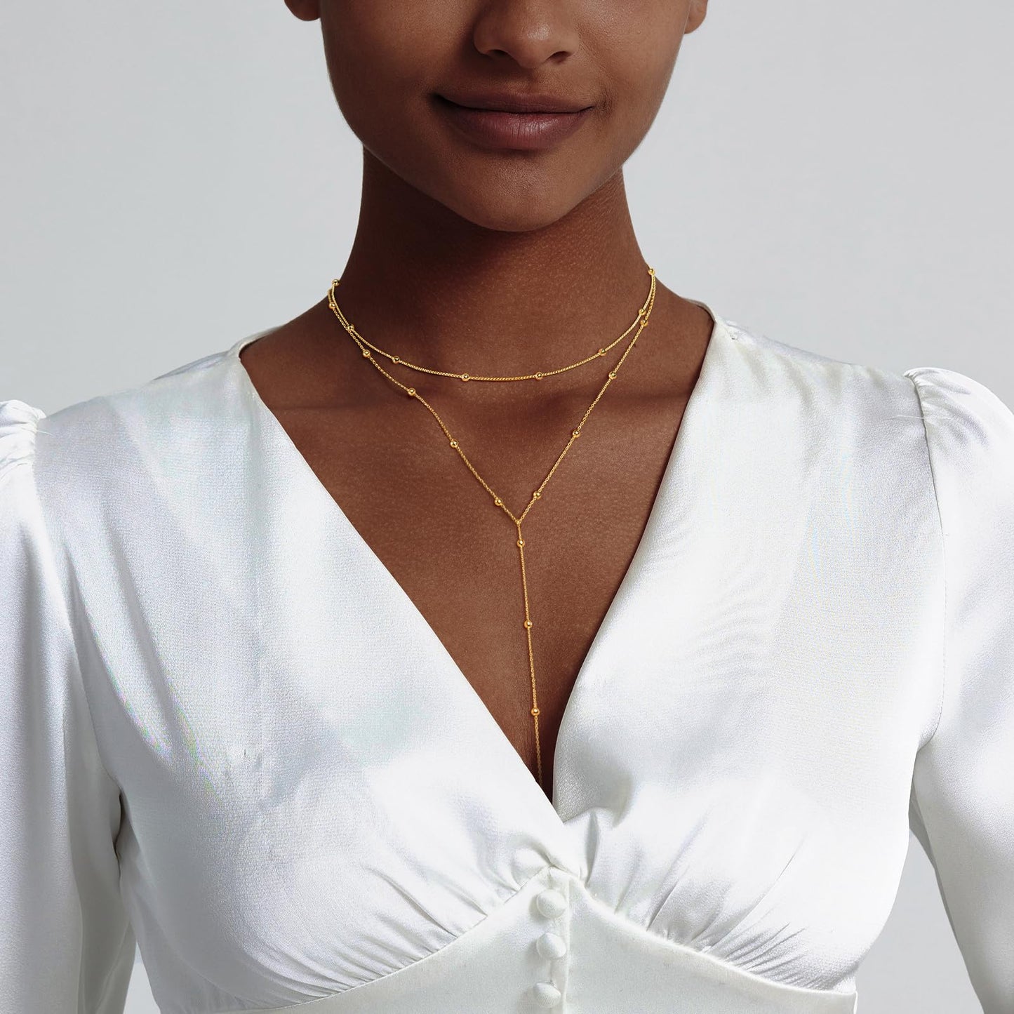 Luxval Gold Necklace for Women Trendy 14k Gold Plated Long Necklaces for Women Dainty Lariat Y Necklace Layered Necklaces Beaded Drop Y-Shaped Chain Jewelry Gift Wedding