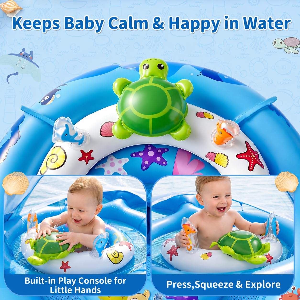 Inflatable Baby Pool Float with Sun Canopy, UPF50 Sun Protection, Portable & Easy to Store, Padded Safety Seat with, Includes Air Pump, with Toys Baby Swim Float for 6-36 Months Boys & Girls(Blue)