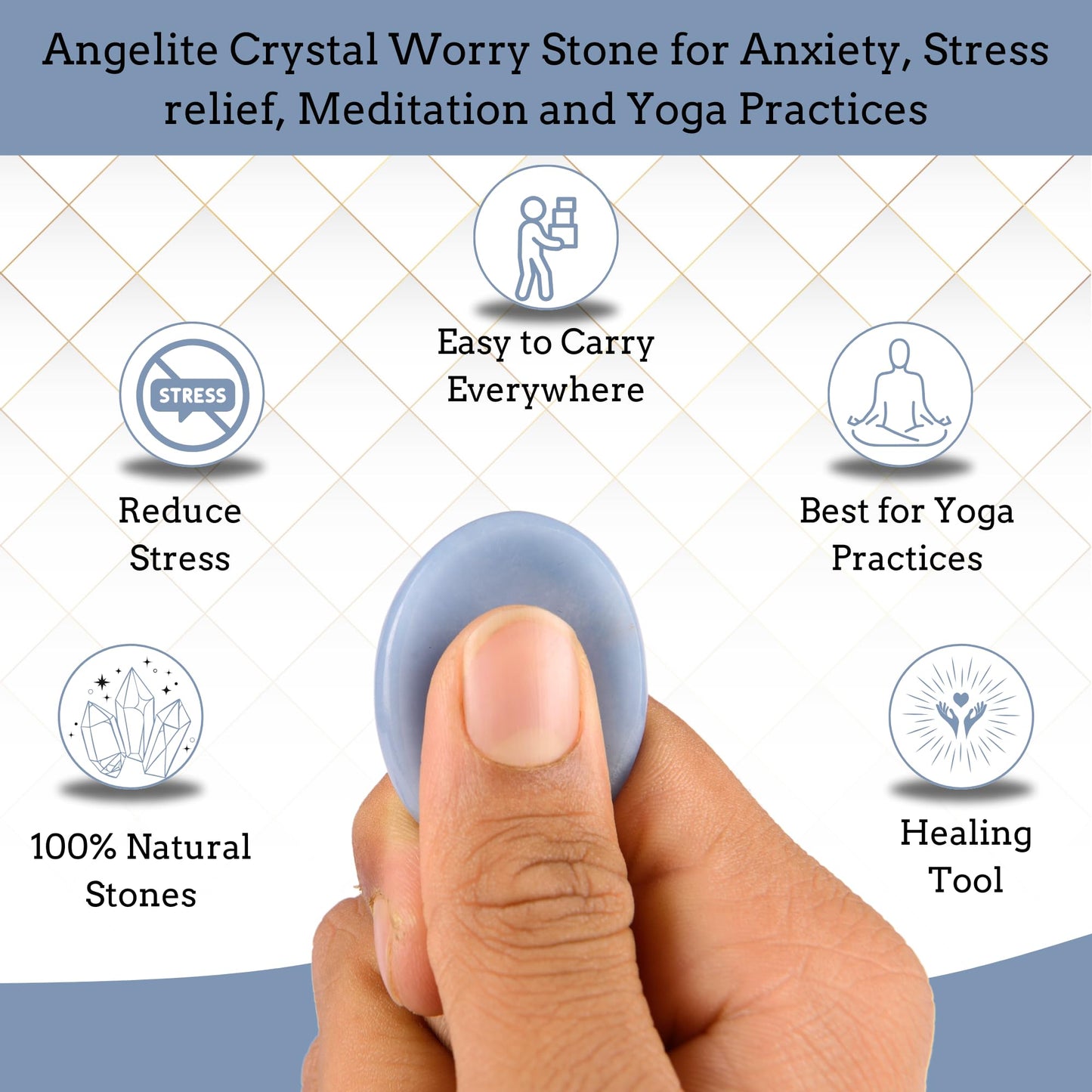 Anaya Agate Angelite Worry Stones Certified Crystal Thumb Worry Stone for Anguish, Relaxing and Soothing Balance Stones for Meditation, Stress Relief Crystals and Healing Stones for Men, Women