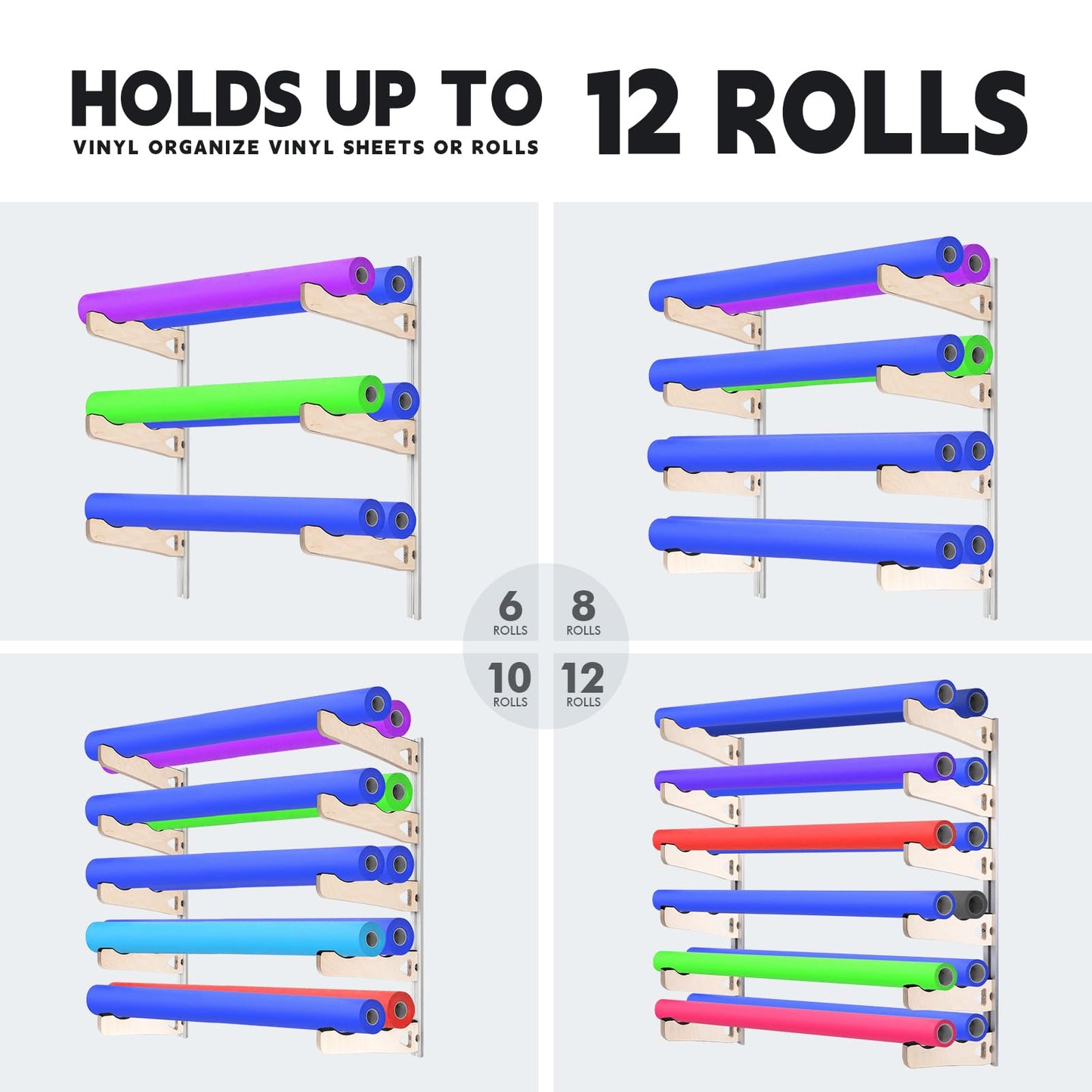FOSHIO Wood Vinlyl Roll Holder Storage for up to 12 Rolls of Vinyl, Heavy-Duty Aluminum Rack with Mounting Hardware Wall Mounted for Vinyl, Transfer Paper Tape, Wallpaper, Window Film, Wallpapper