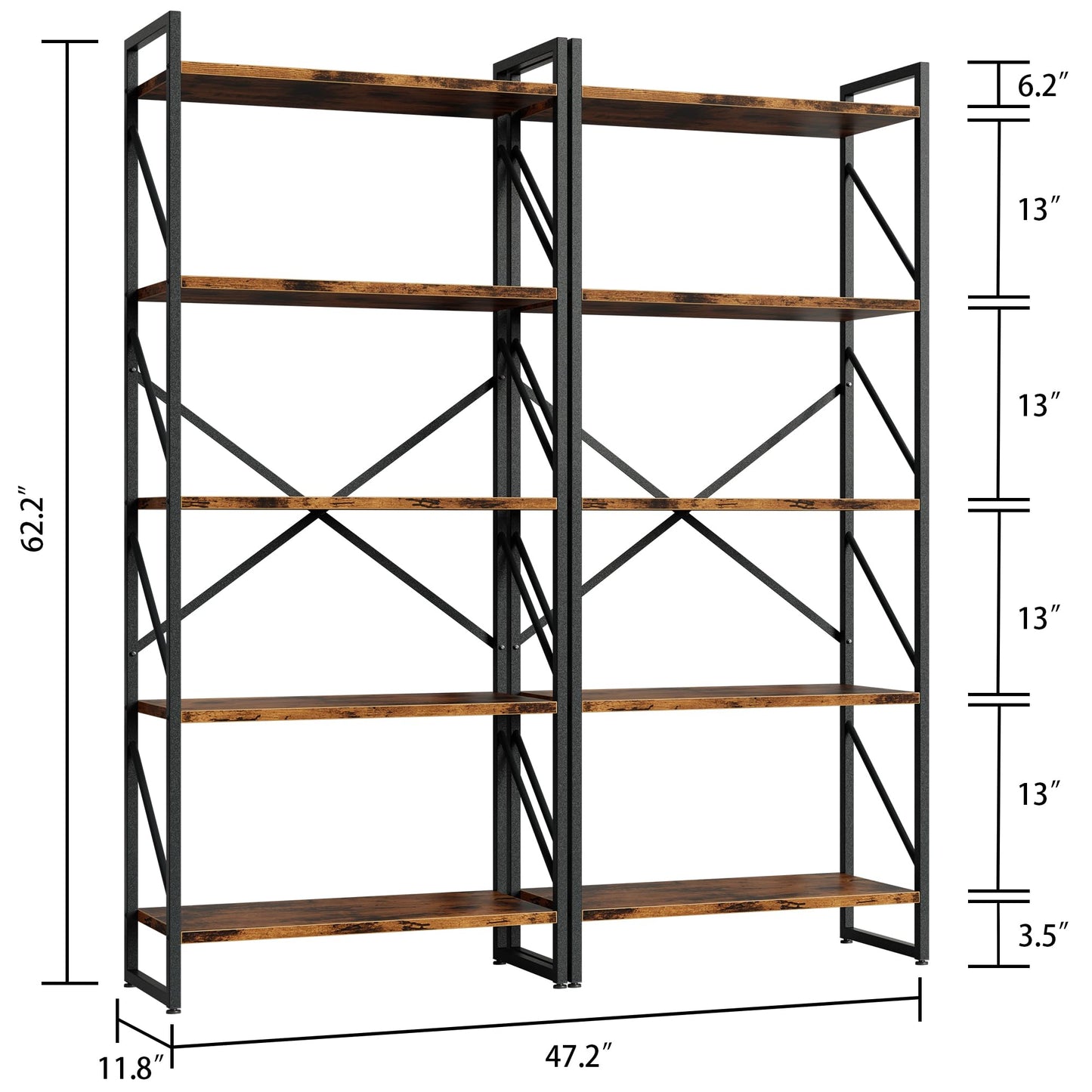 Shintenchi 2 Pieces 5 Tiers Bookshelf, Classically Tall Bookcase Shelf, Industrial Book Rack, Modern Book Holder in Bedroom/Living Room/Home/Office, Storage Rack Shelves for Books/Movies-Rustic Brown