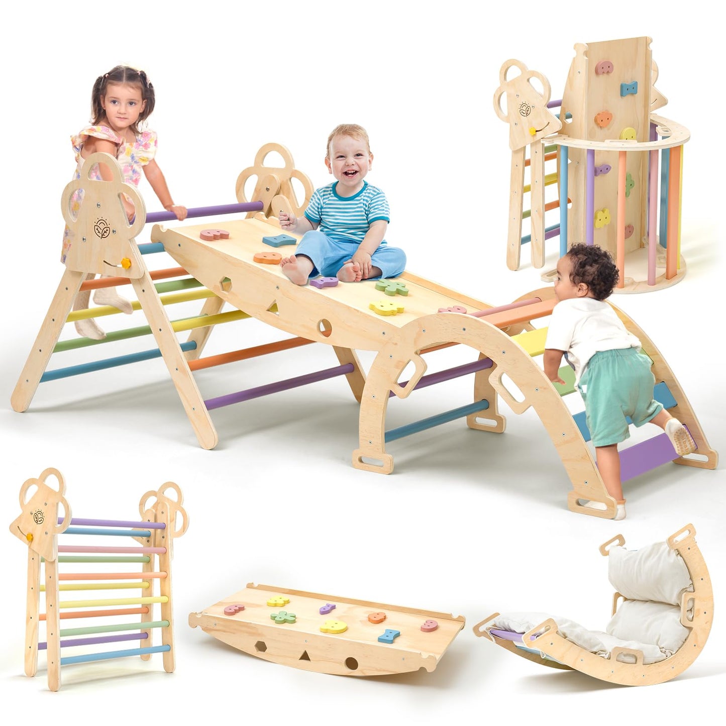 VENSEEN Baby Pikler Triangle Set with Cushion, 9-in-1 Foldable Wooden Climbing Toys for Toddlers, Indoor Montessori Jungle Gym Set for Kids Birthday Gift