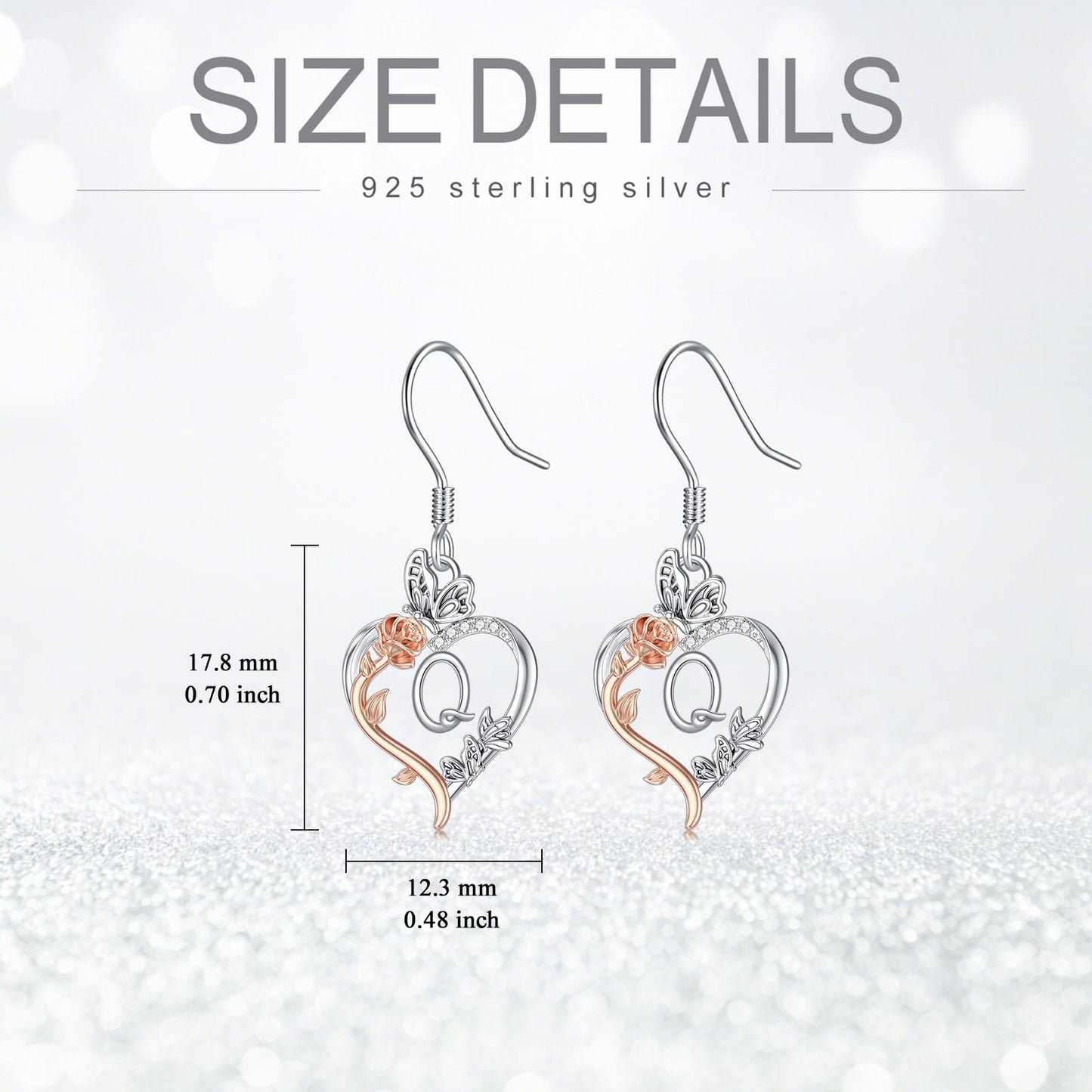 TOUPOP Rose Heart Initial Earrings Sterling Silver Butterfly Earring Initial Q Letter Drop Dangle Earrings Jewelry Anniversary Birthday Mothers Day Gifts for Women Mom Wife Girlfriend Her
