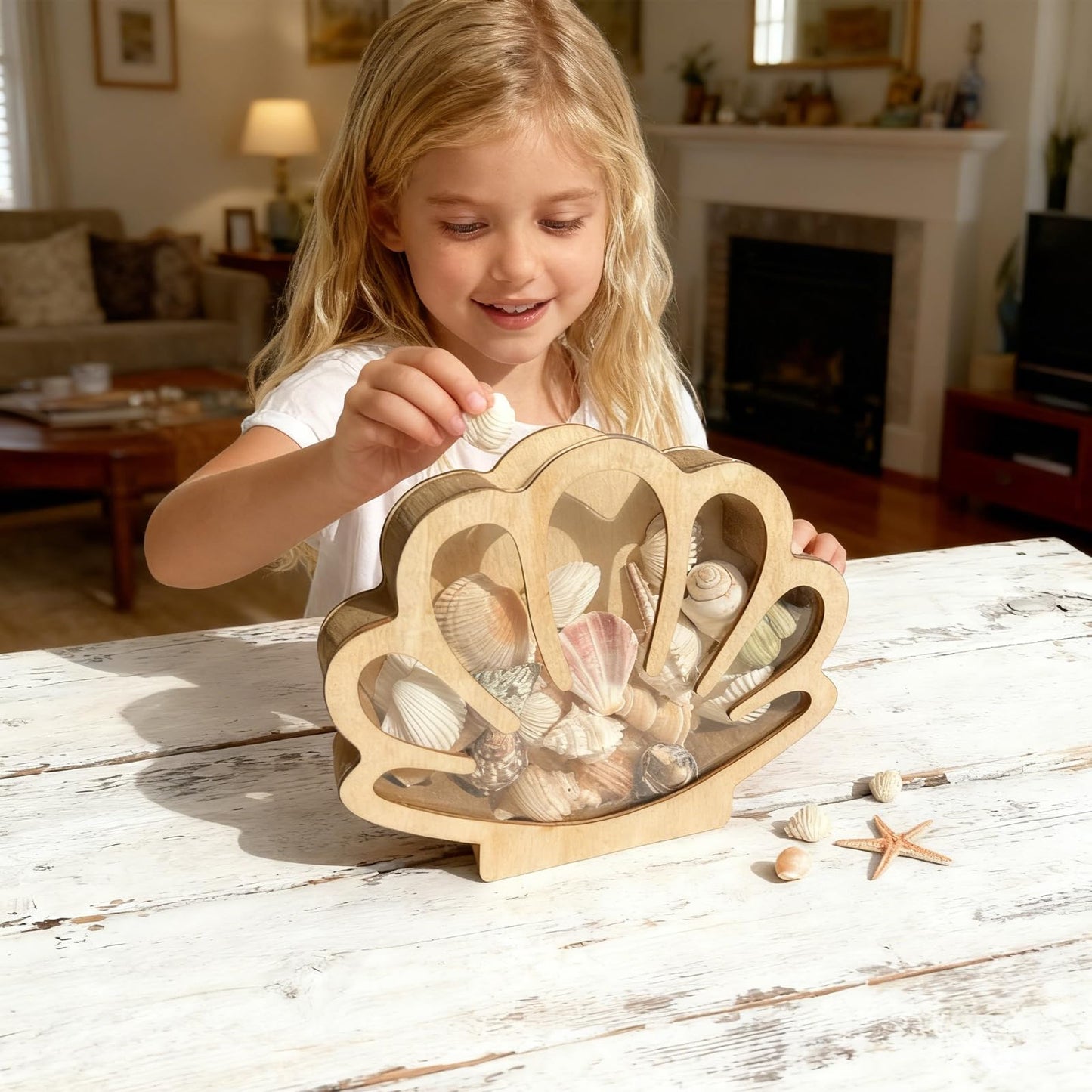 SEP SHIZHI Wooden Seashell Display Case with Acrylic Window, Sea Shell Holder, Sea Glass Shark Tooth Starfish Storage Collection Shadow Box, Memory Keepsake Box, Coastal Home and Room Decor