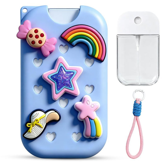 Feazac Refillable Spray Bottle 1.5oz (45ml) with Silicone Protective Case, Keychain Strap & Charms, Travel Size Hand Sanitizer Spray Container, Compatible with 45ml Flat Spray Bottles(blue)