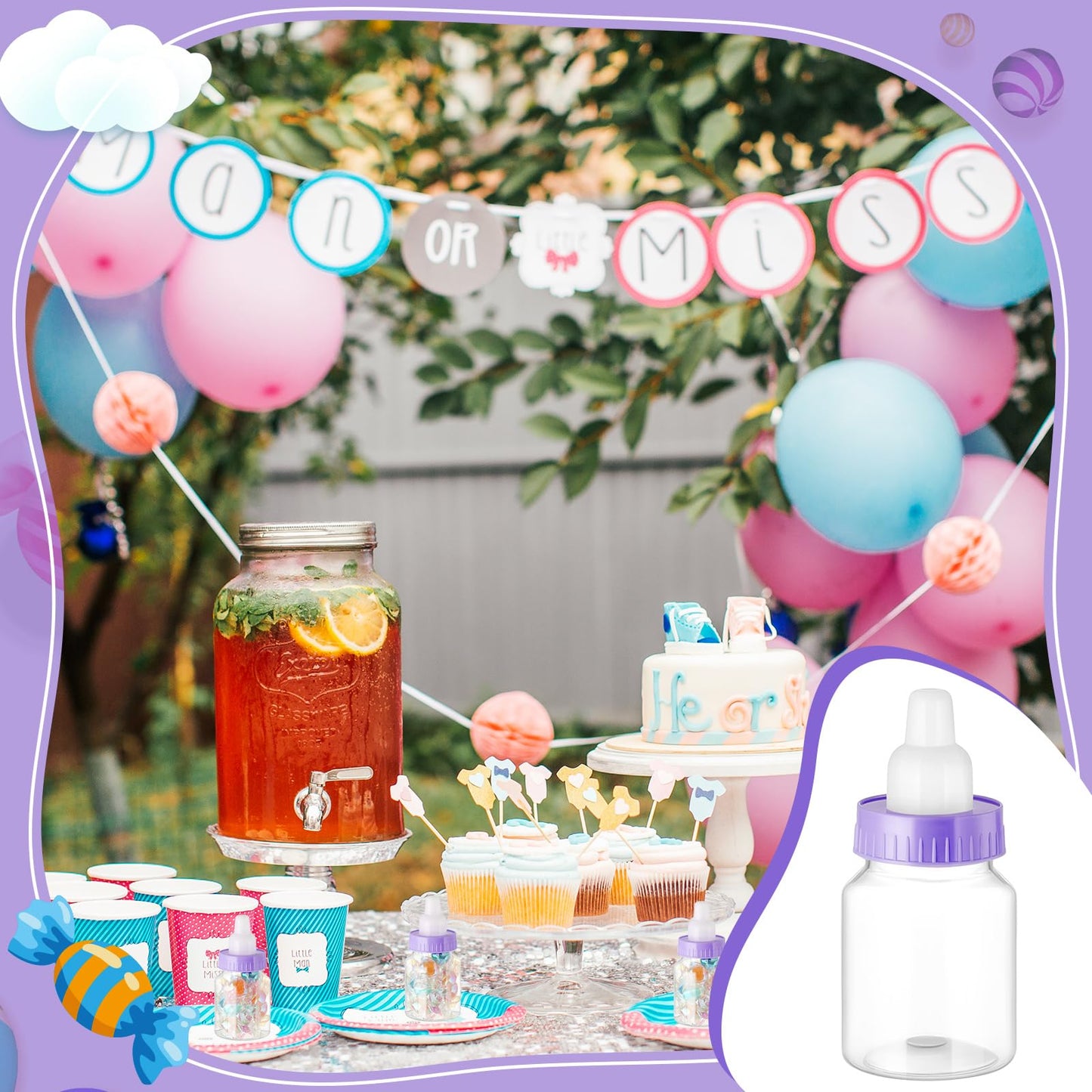 Patelai 36 Pcs 3.5 Inch Baby Bottle Shower Favor Mini Plastic Candy Bottle Clear Bottles for Baby Shower Mini Feeding Candy Figurine Coin Trinket Box for Mom to Be Party Baptism Newborn Gift(Purple)