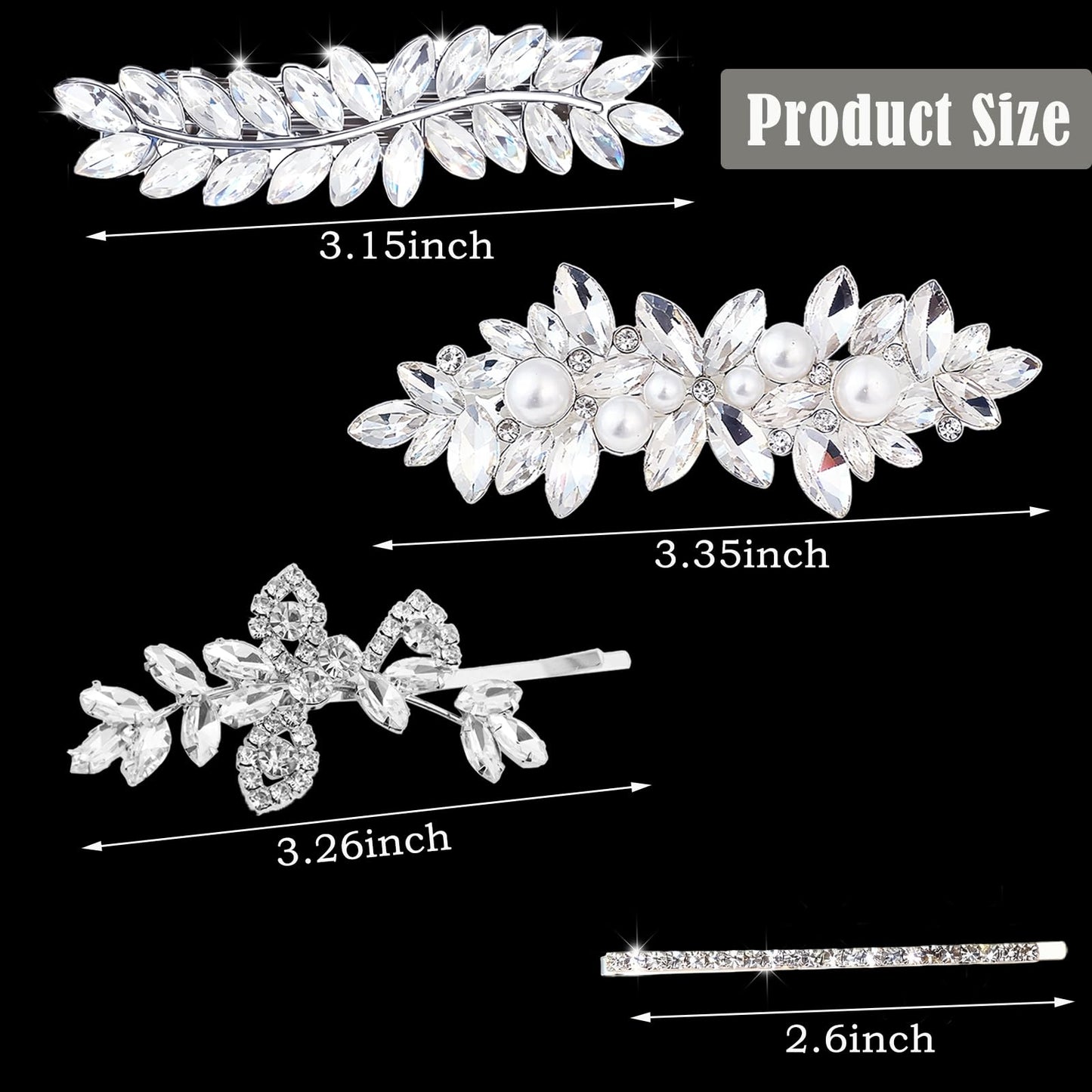 4 Pcs Rhinestone Hair Clips for Women Hair Barrettes Silver Hair Accessories Bridal for Wedding Party Everyday