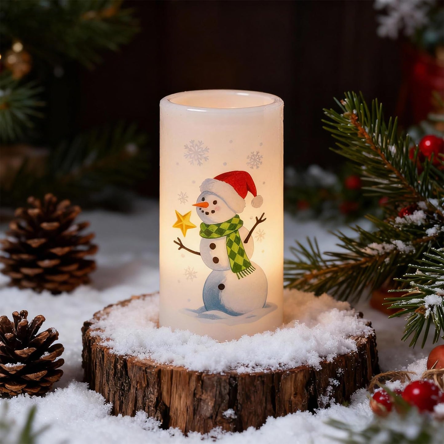 Eldnacele Christmas Snowman Flameless Candles Battery Operated with Remote and Timer Real Wax Flickering LED Pillar Candles Xmas Holiday Indoor Decor(2 Pack, 3" D x 6"" H)"