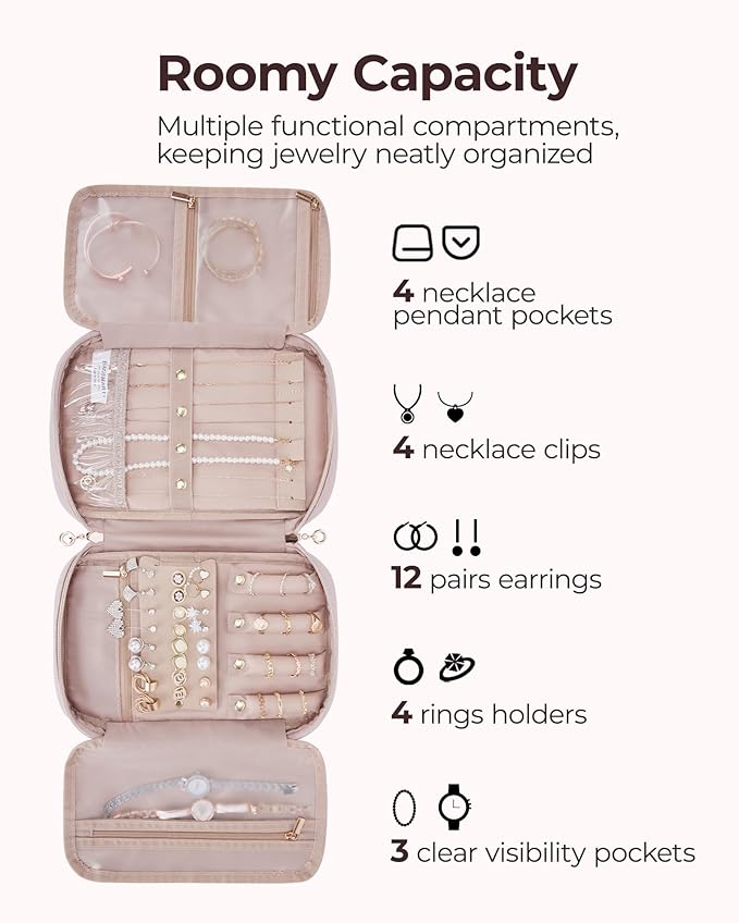 BAGSMART Jewelry Organizer Case Large Travel Jewelry Storage Bag for Necklace, Earrings, Rings, Bracelet, Soft Pink (Pack of 2)