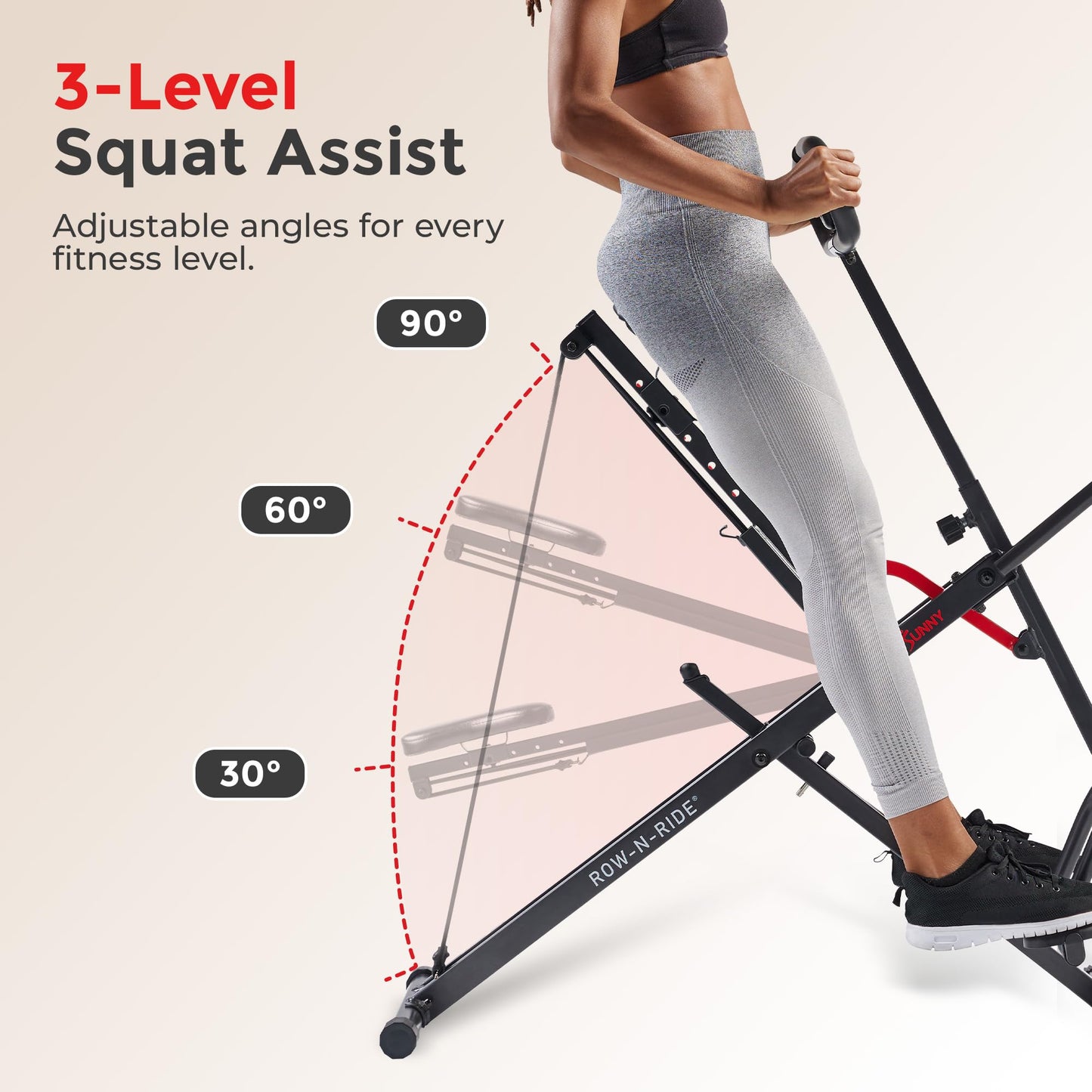 Sunny Health & Fitness Smart Upright Row-N-Ride Exerciser, Squat Assist Trainer for Glutes Workout with Adjustable Resistance, Easy Setup & Foldable, Glute & Leg Exercise Machine- NO. 077SMART