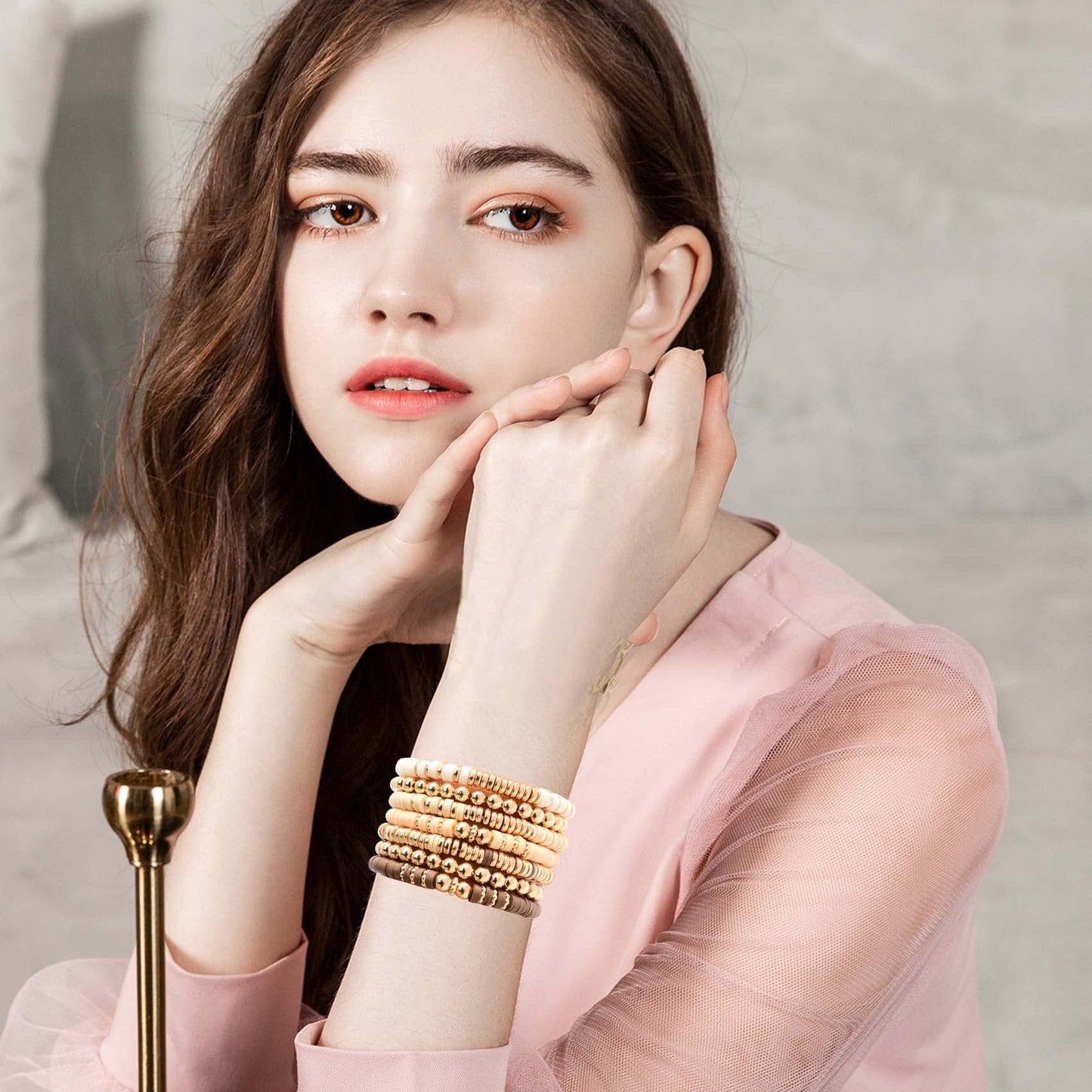 GOOJIDS Surfer Heishi Clay Bead Bracelets for Women Bohemian Stackable Gold Plated Beaded Stretch Bracelets Elastic Layering Friendship Bracelets Set Boho Jewelry