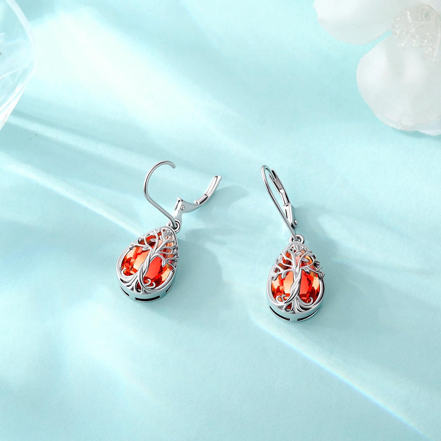 Eusense Sterling Silver Tree of Life Earrings with Ruby Red July Birthstone Jewelry Teardrop Dangle Leverback Earrings Tree of Life Jewelry Gift for Women