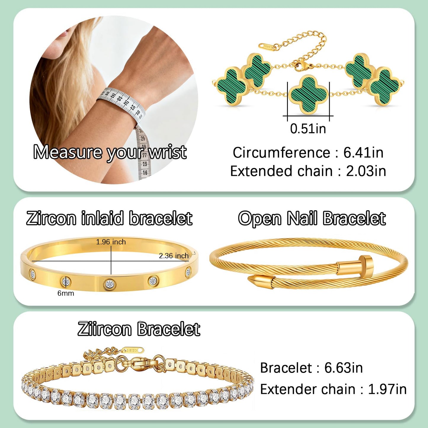 Gold Bracelets for Women, 18K Gold Plated Women Tennis Bracelets Clover Nail Love Bangle Bracelet Set, Gold Bracelet Stackable Set Trendy Jewelry, Gifts for Women's Day and Mother's Day (11-Color- 4 Green)
