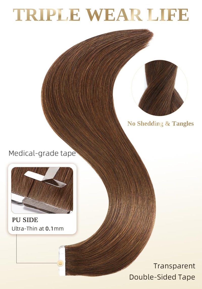 Real Human Hair Tape-In Extensions - 14 Inch, 20 Pcs, Seamless, #4 Medium Brown | Invisible & Straight