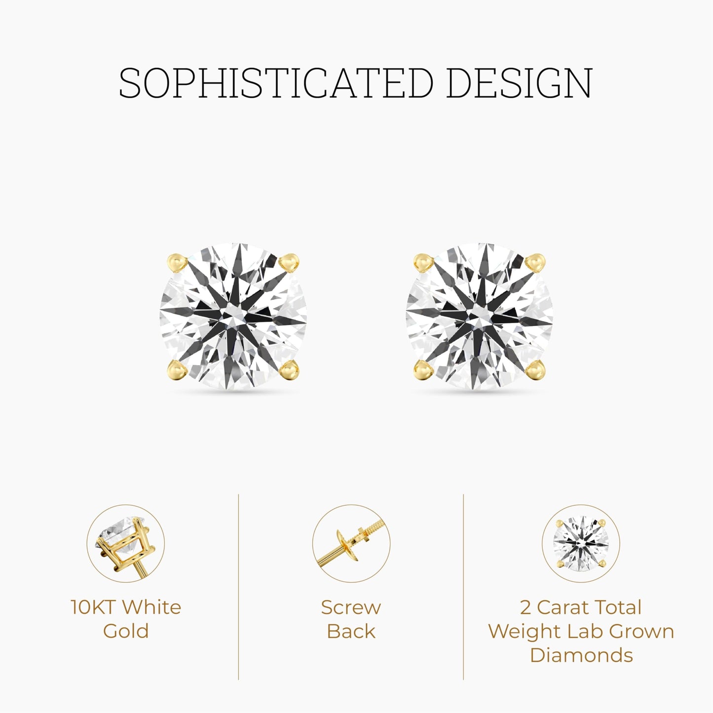 Gilded 2 Carat Total Weight IGI Certified Lab-Grown Diamond 10KT Yellow Gold Stud Earrings for Women| Hypoallergenic Fine Gold Jewelry | 4-Prong Basket, Screw Back Nut | VSI2-SI1 Clarity, F Color, Round Cut (Gold)