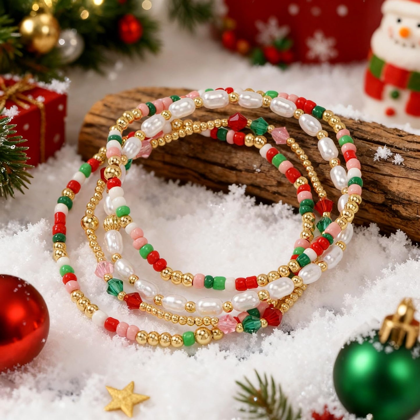 Bohxantium Christmas Gold Crystal Pearl Beaded Bracelet Set for Women Stackable Red Green White Gold Beads Handmade Boho Stretch Crystal Pearl Jewelry Holiday Festive Party Vacation New Year Xmas Gift